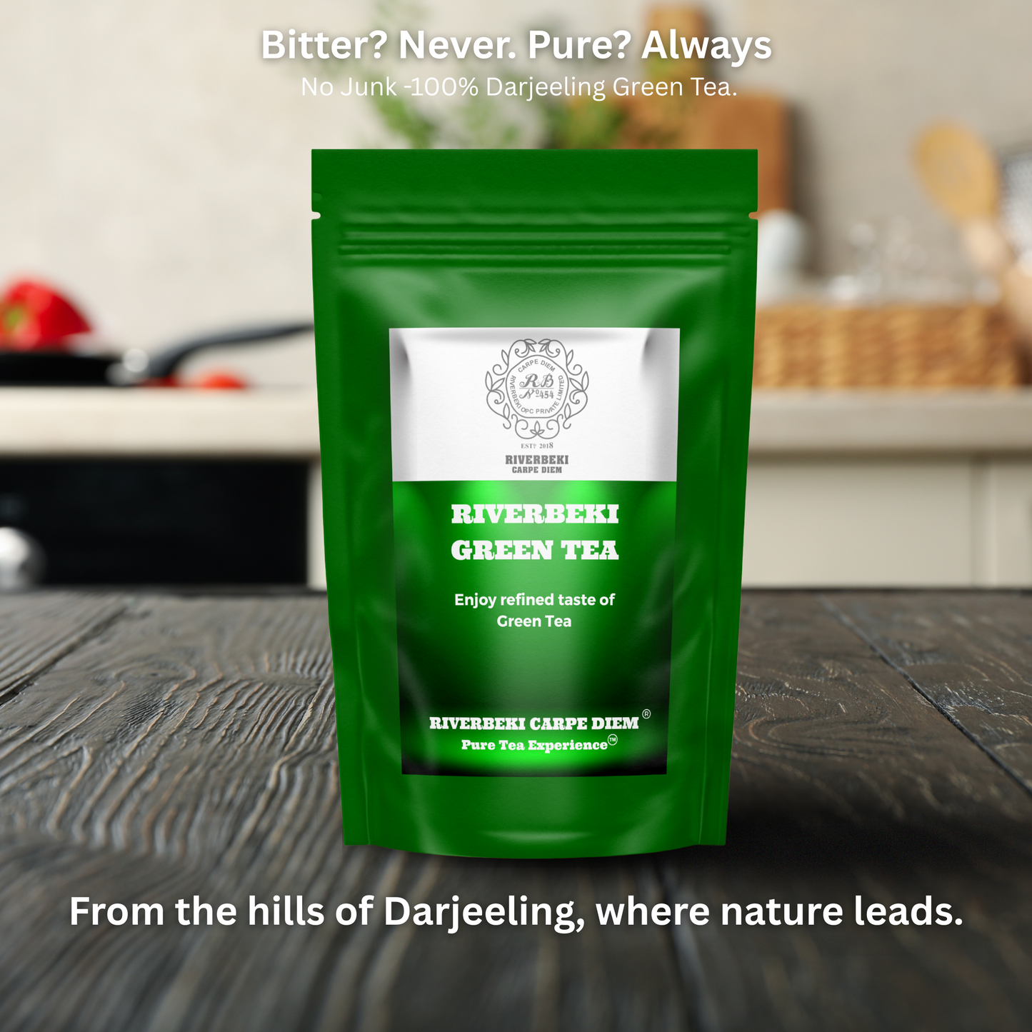 Riverbeki Darjeeling Green Tea – Premium green tea pouch on rustic wooden table