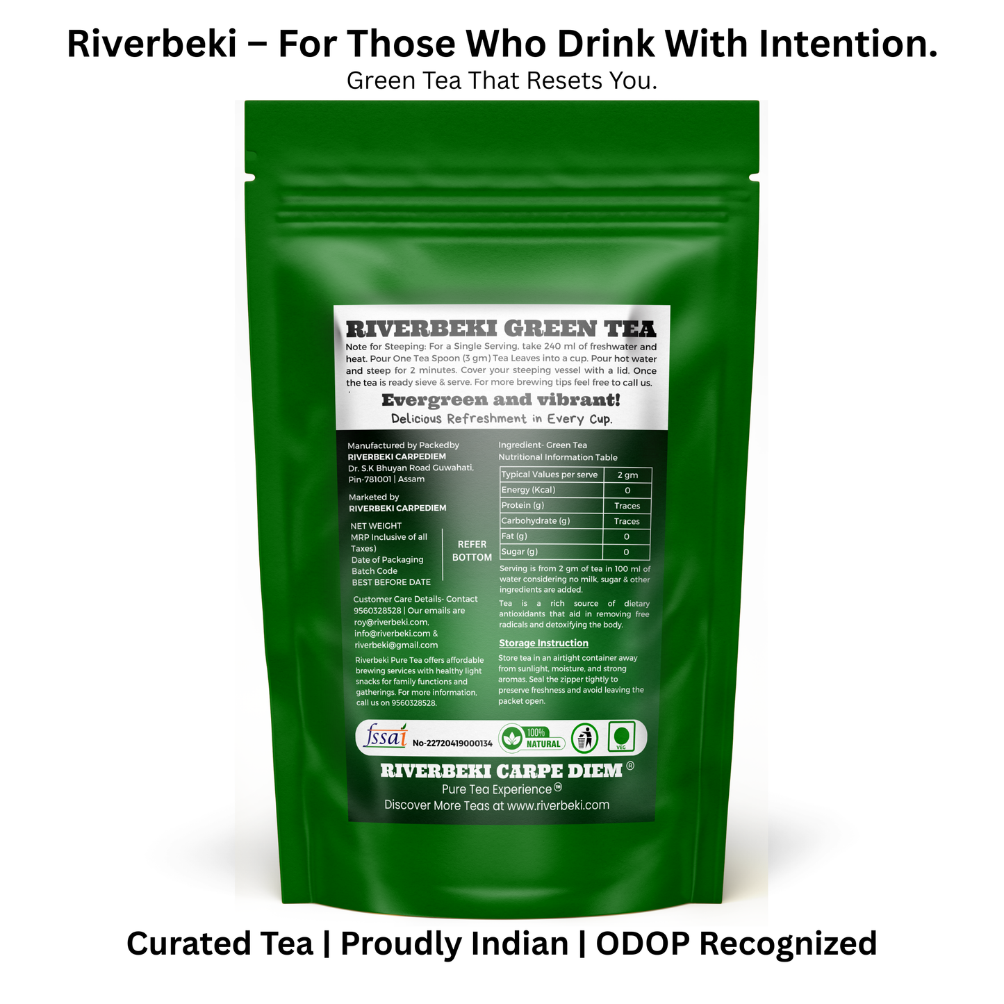 Riverbeki Antioxidant Green Tea – 100g pack, promoting pure and natural detox benefits
