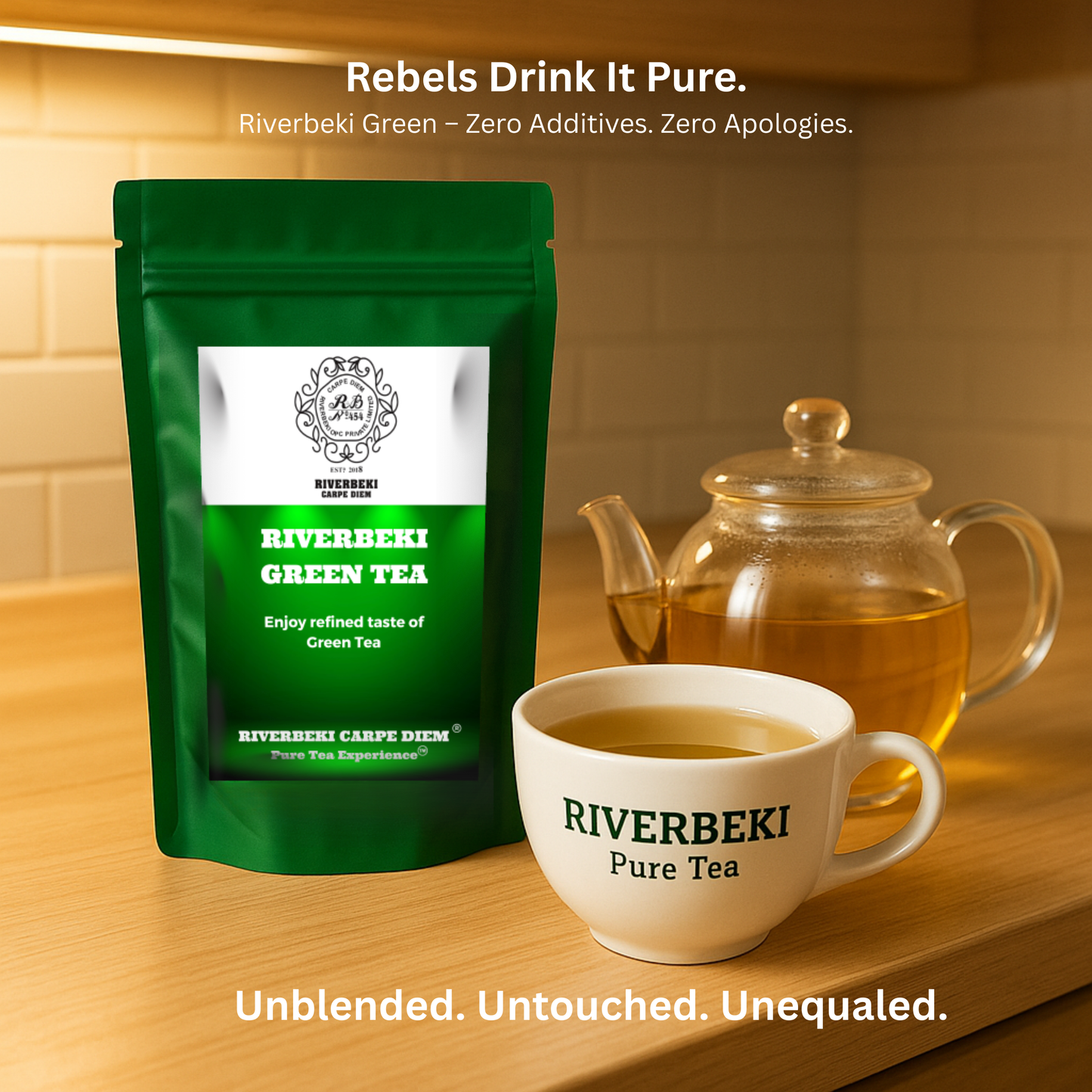 Riverbeki Green Tea – 100g premium pack showcased with brewed green tea in branded cup