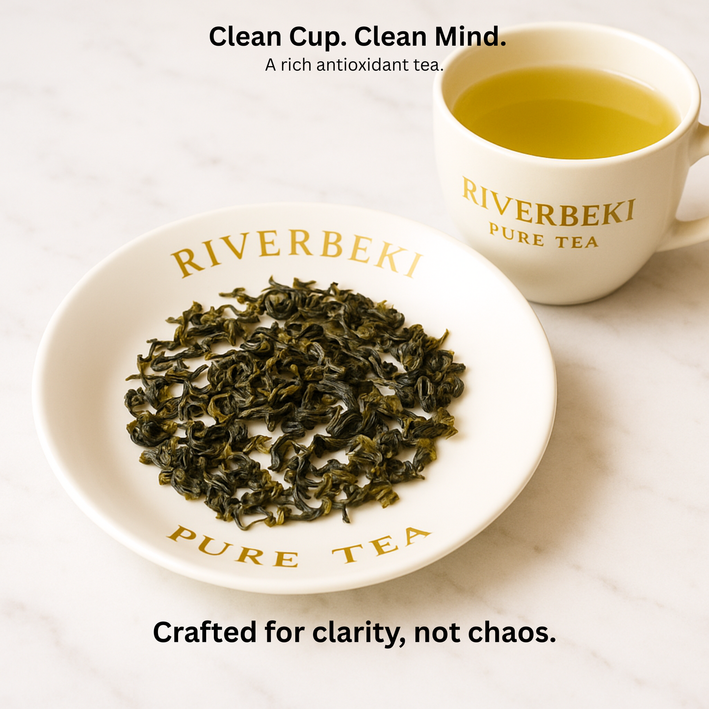 Riverbeki Green Tea – Clean cup and plate set with loose leaf green tea and freshly brewed tea