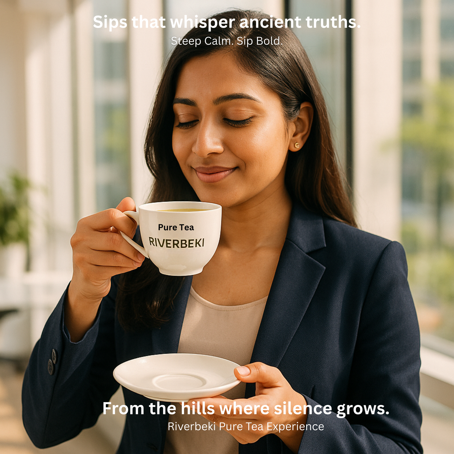 Woman enjoying a cup of Riverbeki Pure Green Tea – Calm and relaxing moment