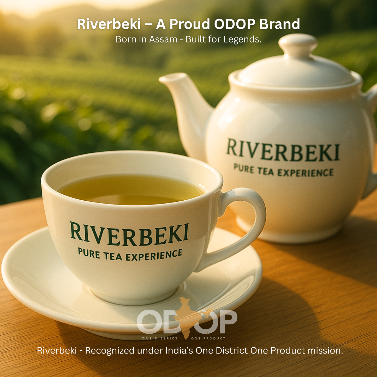 Riverbeki Green Tea – 100g premium pack showcased with brewed green tea in a branded cup