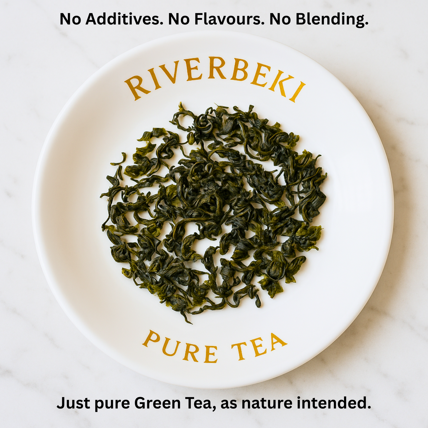 Riverbeki Pure Tea – Loose leaf green tea displayed on white Riverbeki-branded plate