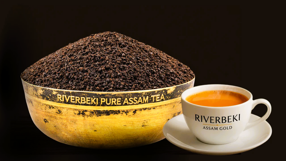 Riverbeki Assam CTC Tea and chai (milk tea) in a branded bowl and cup