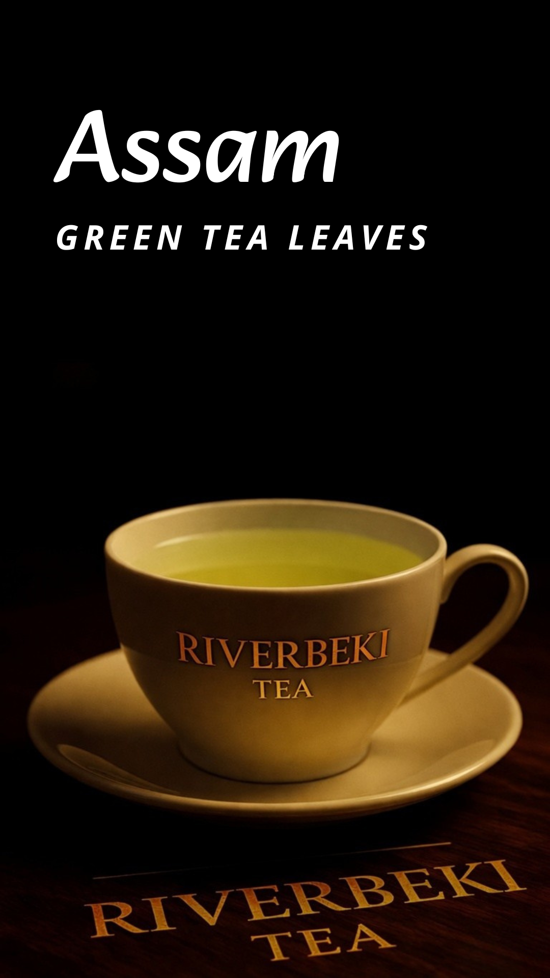 Riverbeki Assam high-grown green tea in brewed form display on a branded Riverbeki cup
