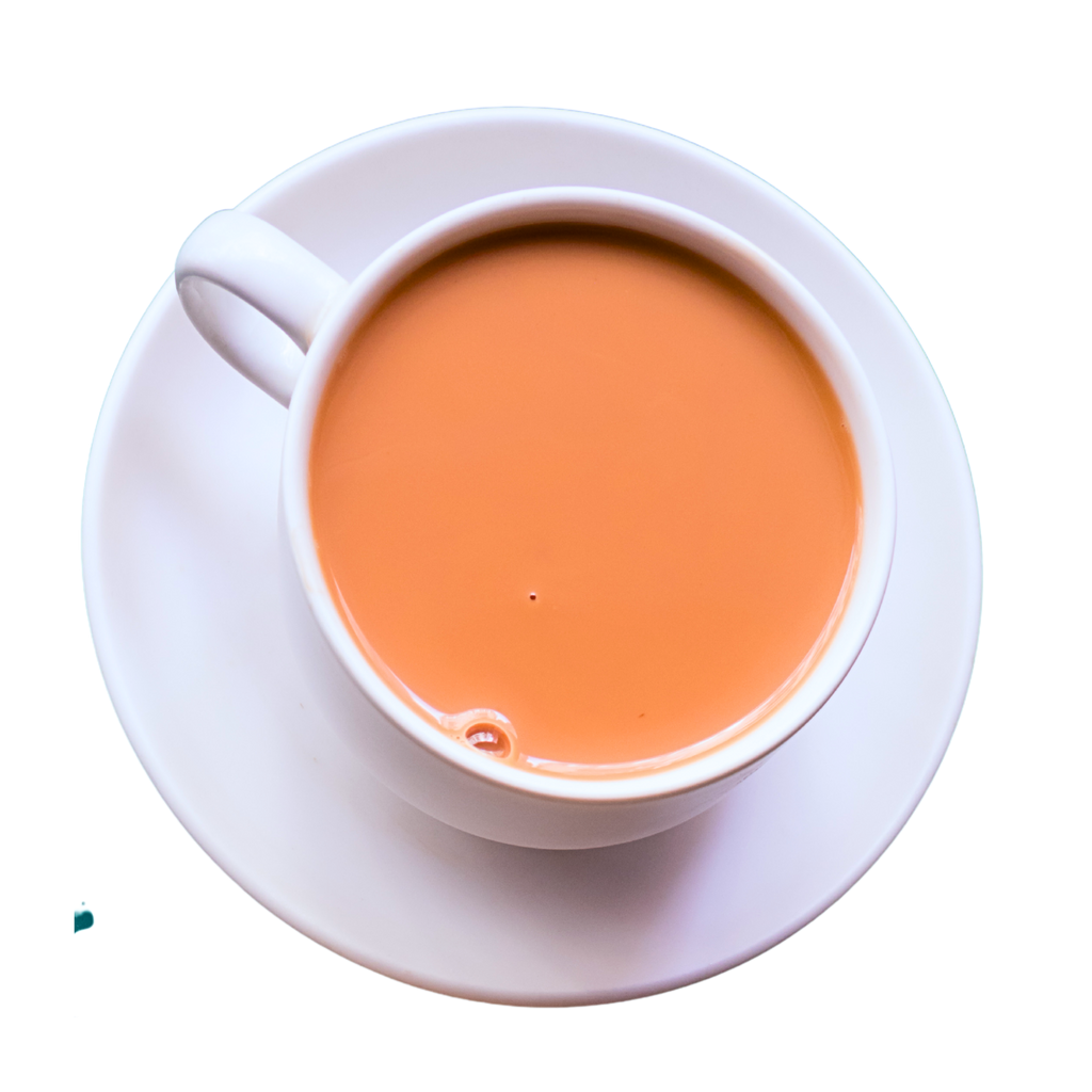 Riverbeki Authentic Assam Unblended Kadak Chai – Rich, creamy milky tea in white cup, strong Assam CTC tea for authentic Indian chai experience, buy online