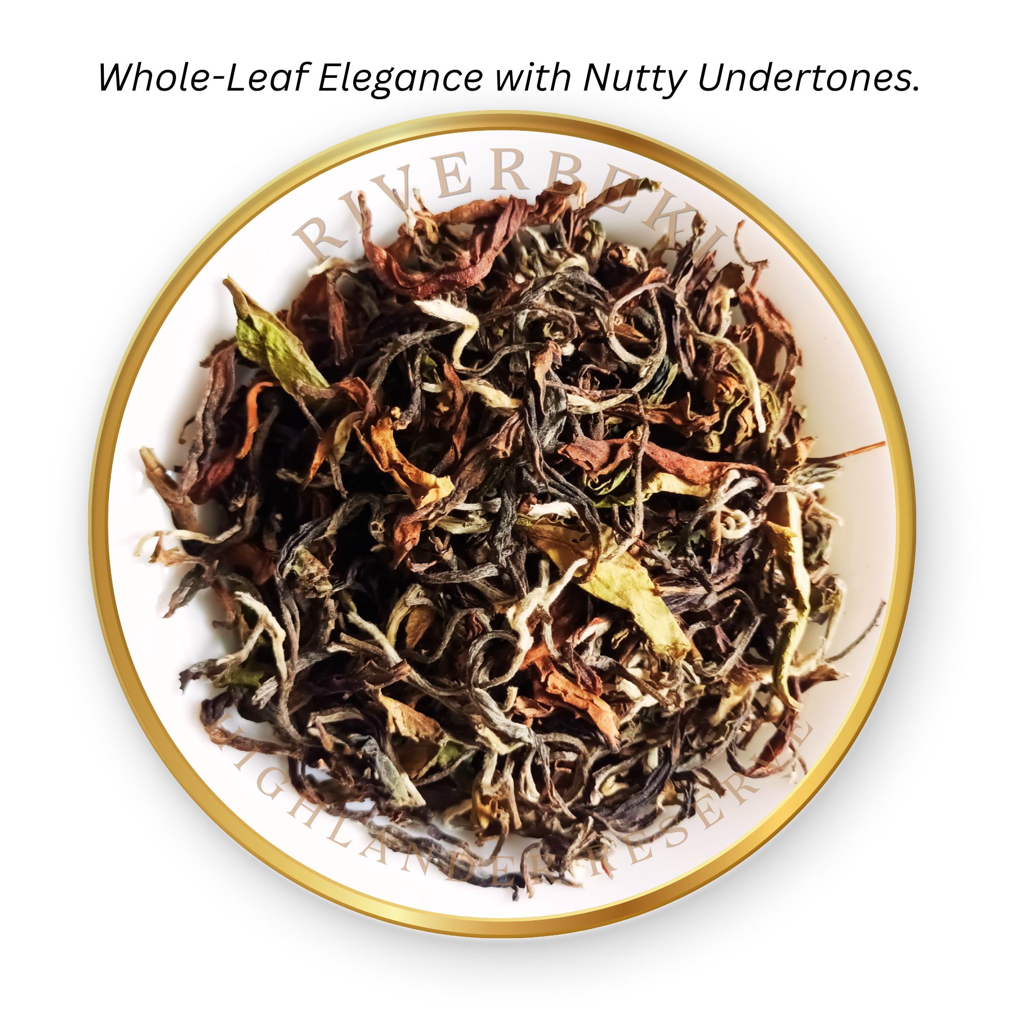 Tea leaves on a white plate with gold rim, labeled 'Riverside Highlander Reserve'.