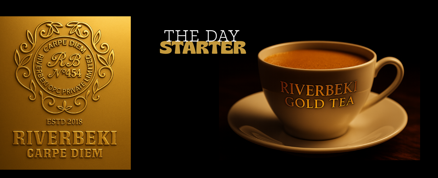 Riverbeki Gold Tea cup and saucer with brand logo on a dark background