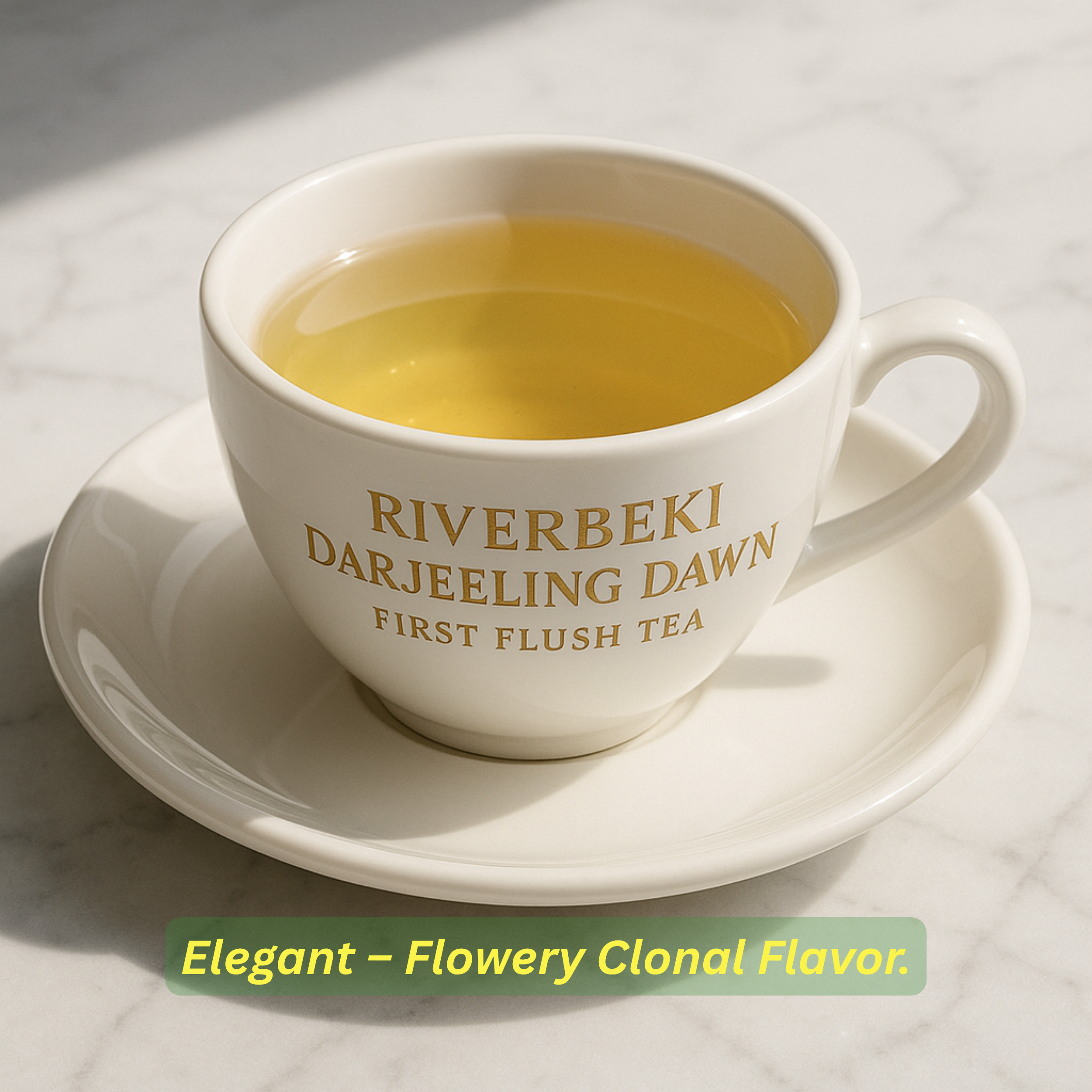 Riverbeki Darjeeling First Flush tea, "Dawn" on a branded white saucer with text about the refreshingly delicate "flowery clonal"  high-elevation natural tea flavour.