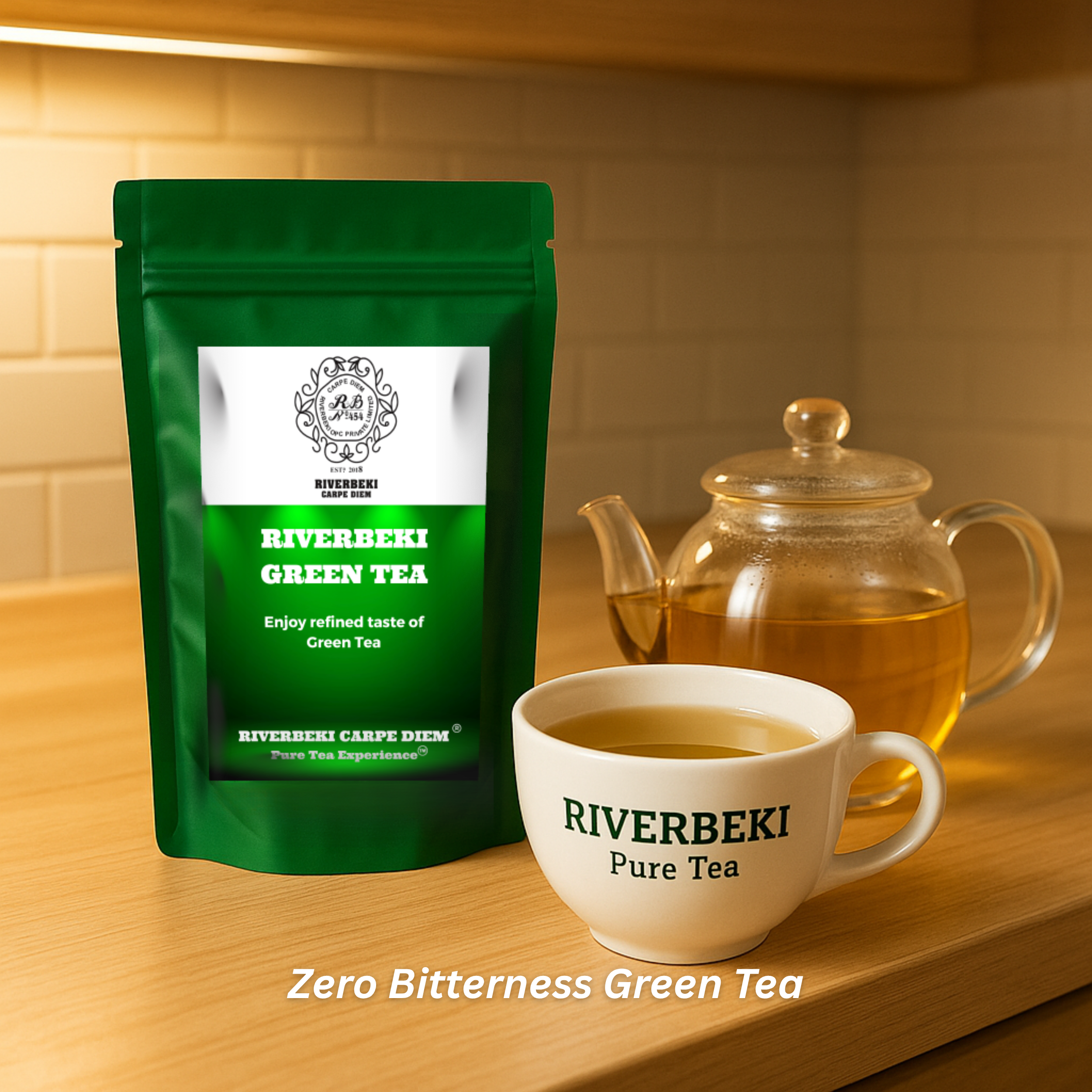 Riverbeki Darjeeling Green tea loose leaf (organic) 100 gm package, branded teacup, and teapot on a wooden surface with a warm background.