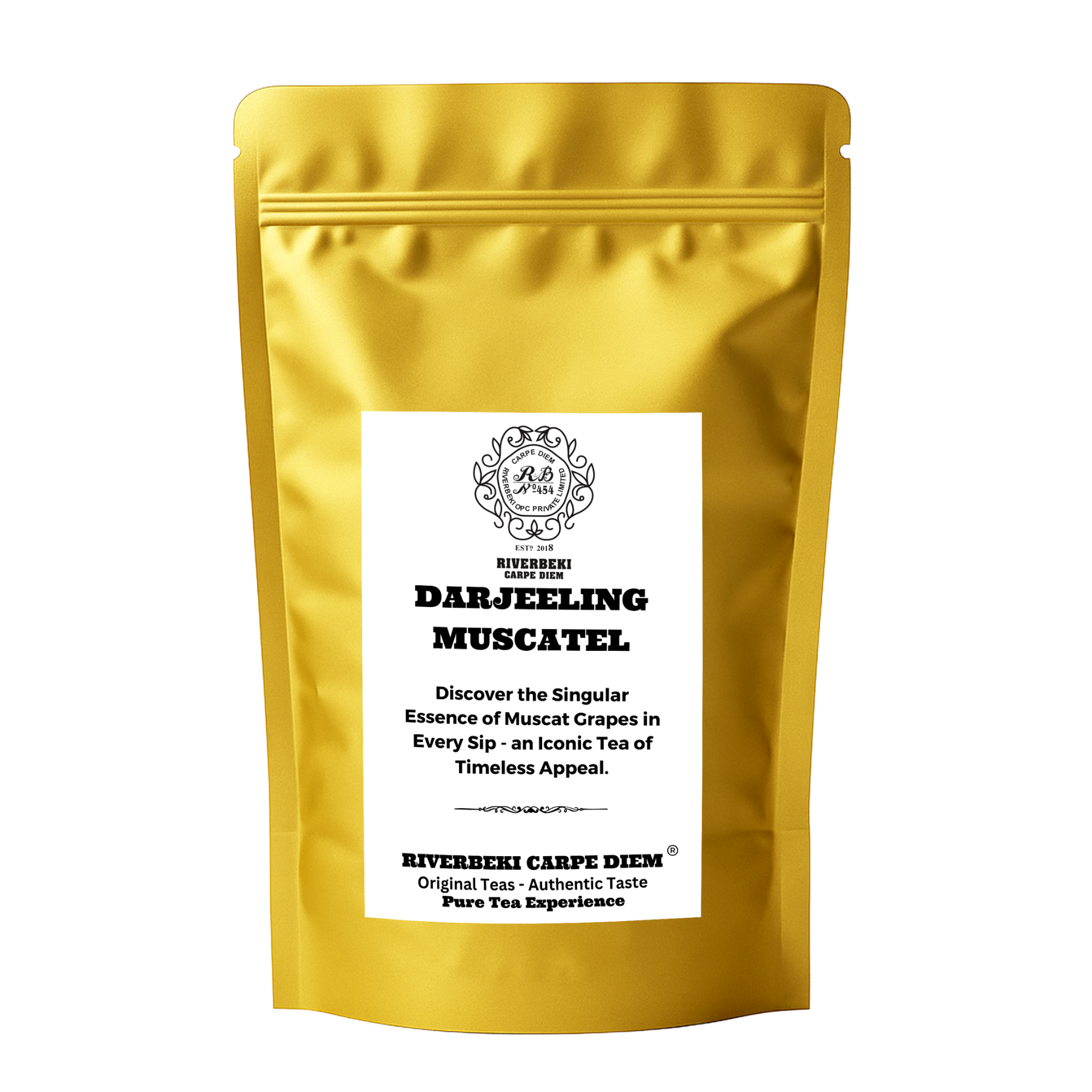Riverbeki Darjeeling black tea packaging featuring prized "Muscatel" flavour on company branding