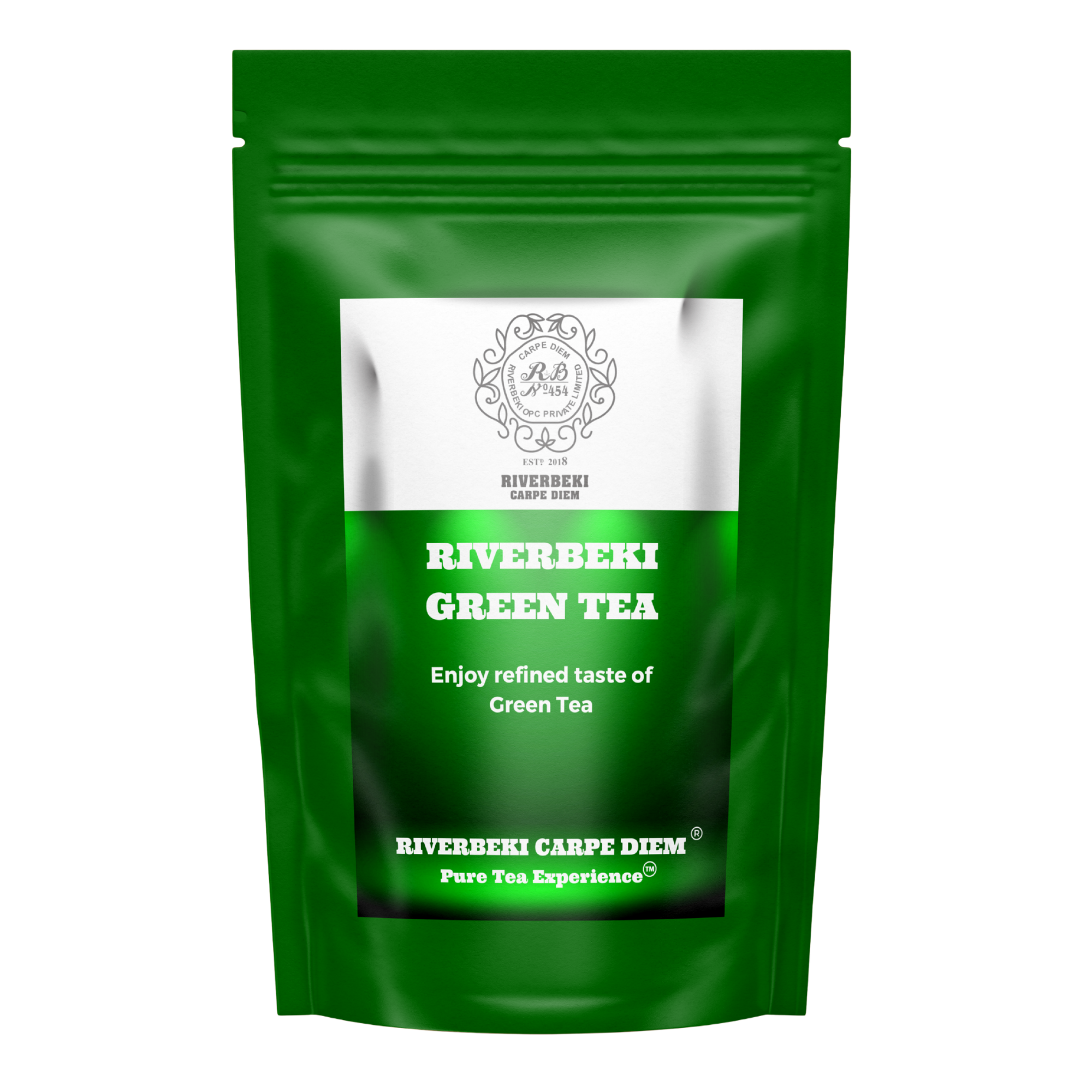 Riverbeki Organic Green tea package with 'Riverbeki Carpe Diem' branding on a white background