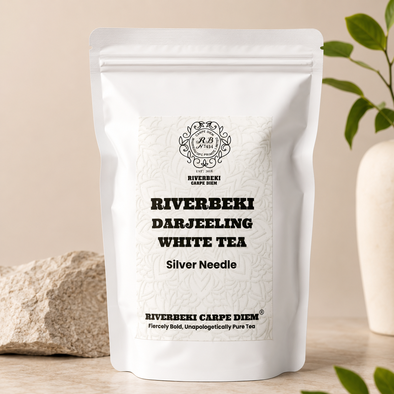 Riverbeki Silver Needle White tea 100 gm with branding on a neutral background