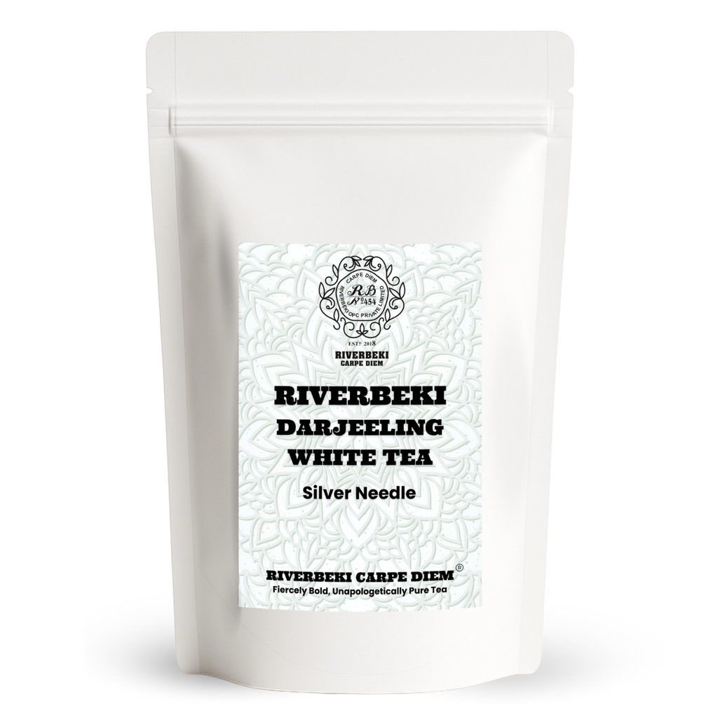 Silver Needle White tea package with 'Riverbeki Carpe Diem' branding on a white background