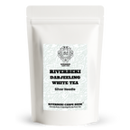 Silver Needle White tea package with 'Riverbeki Carpe Diem' branding on a white background