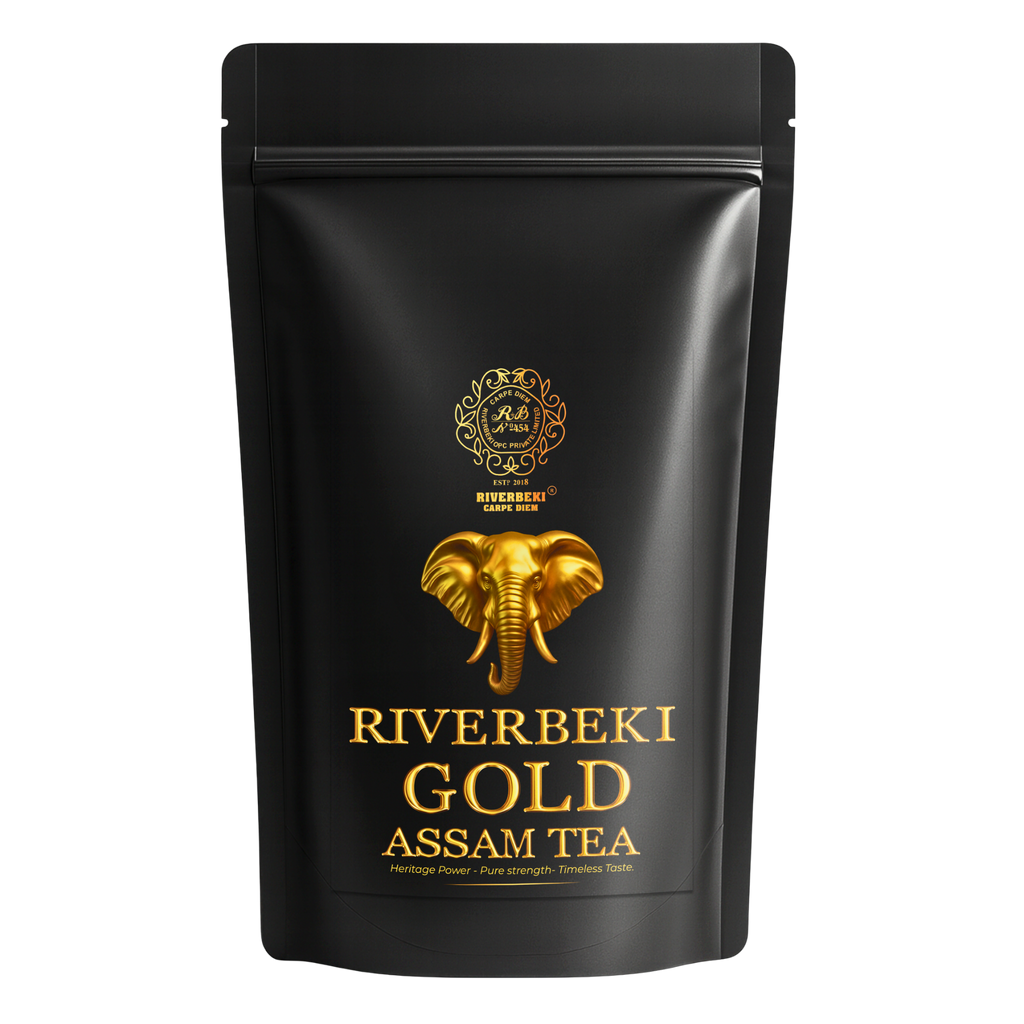 Black tea packaging with gold elephant design and 'Riverbeki Gold Assam Tea' text on a white background
