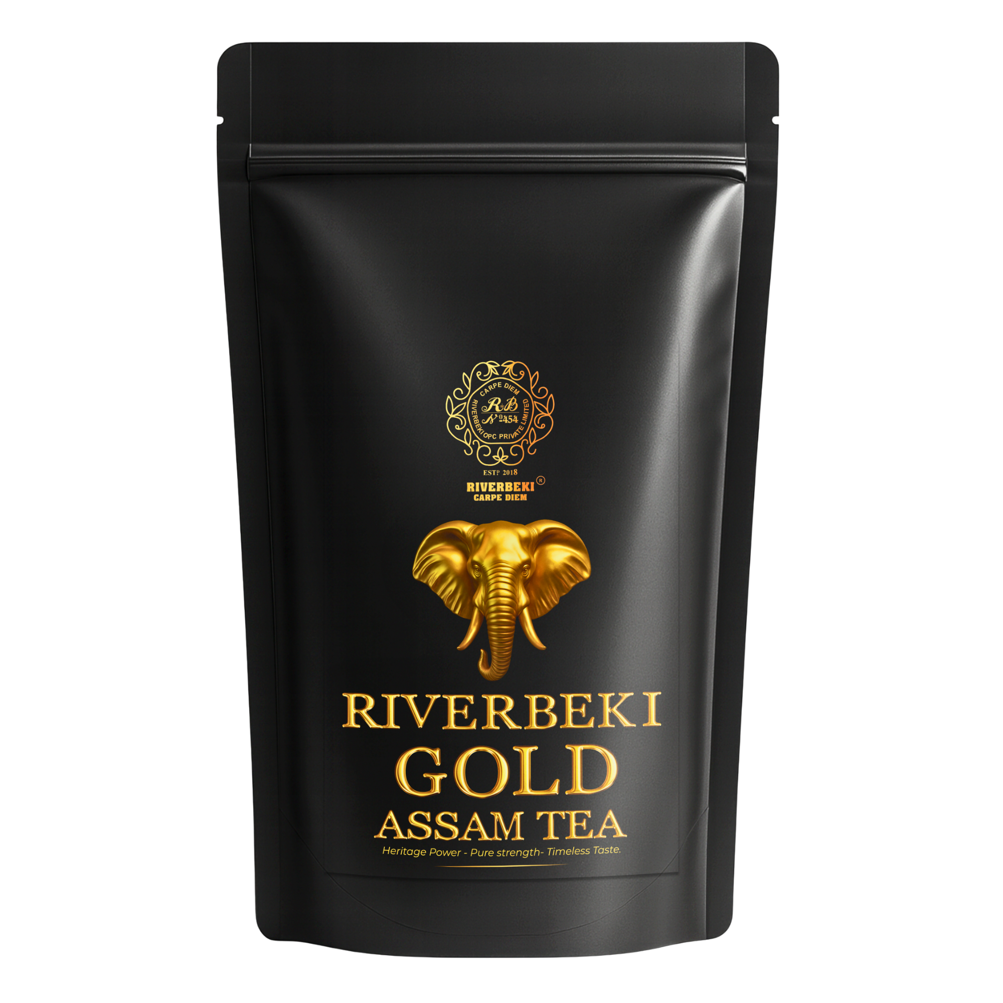Black tea packaging with gold elephant design and 'Riverbeki Gold Assam Tea' text on a white background
