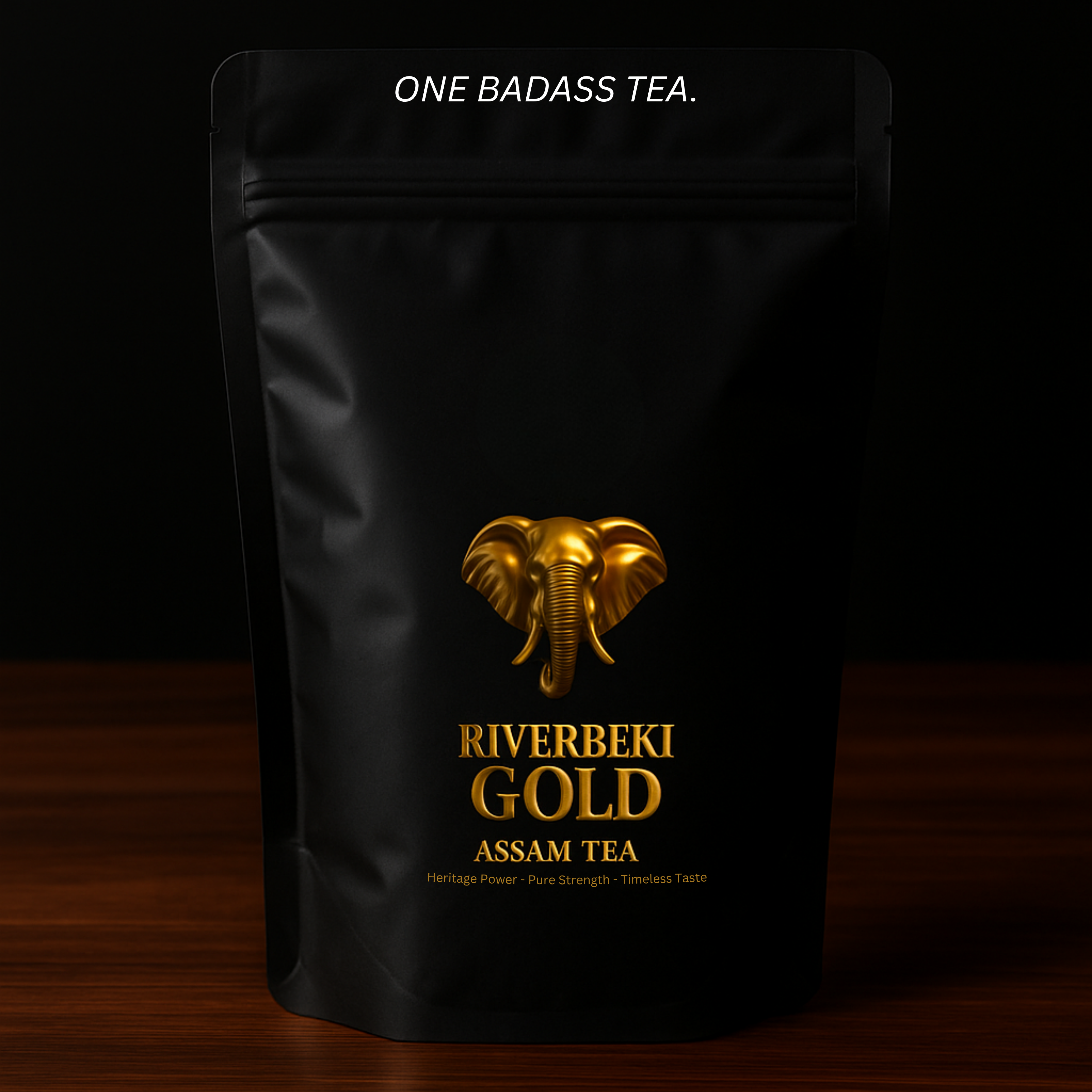 Riverbeki Gold premium second flush Assam CTC tea in a matte black resealable pouch with gold elephant logo — bold, malty, strong black tea from Assam.