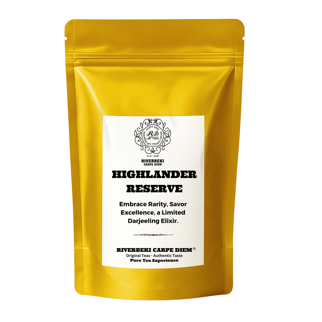Mat golden tea packaging with label that reads "Highlander Reserve" from Riverbeki tea.