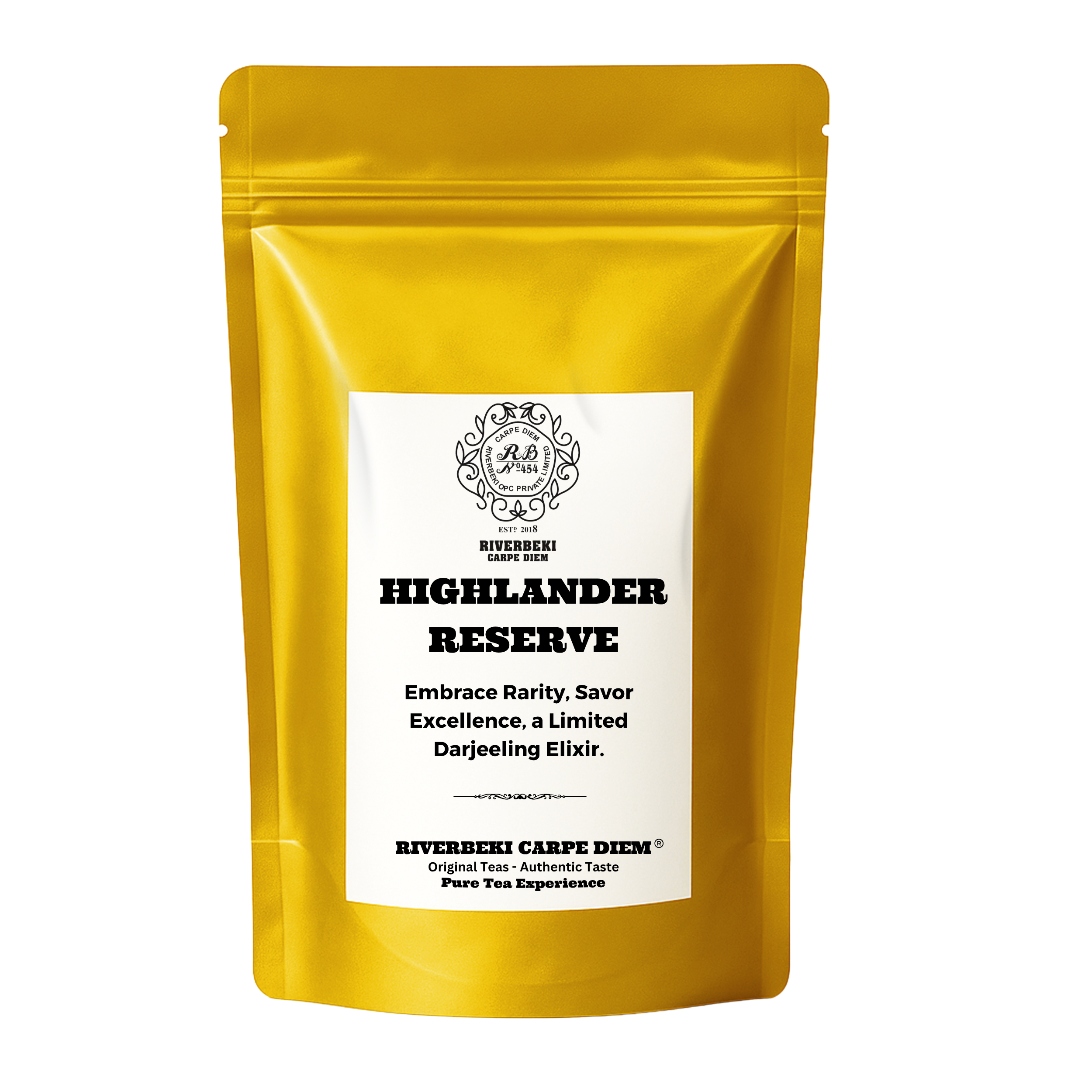Mat golden tea packaging with label that reads "Highlander Reserve" from Riverbeki tea.