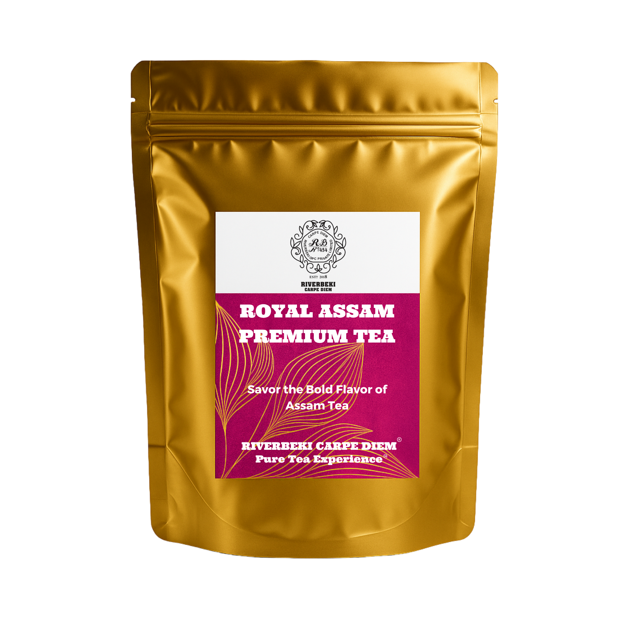 Gold tea packaging with a purple label featuring text and branding on a white background that displays "Royal Assam Premium Tea" from brand Riverbeki Tea