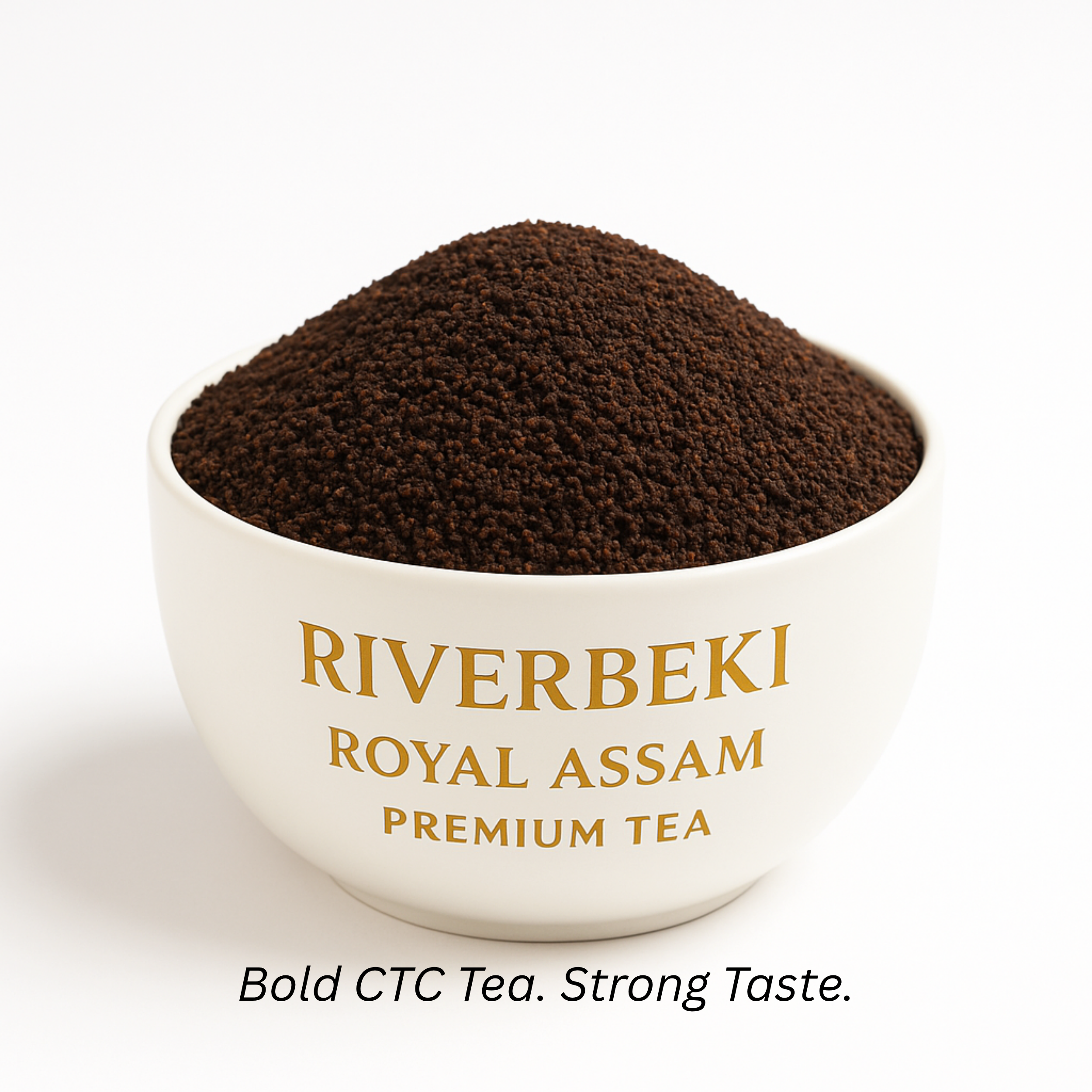 branded White bowl filled with Riverbeki Royal Assam Premium CTC Tea on a white background