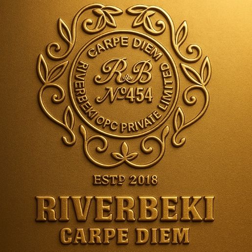 Gold embossed logo with 'Riverbeki Carpe Diem' text on a gold background