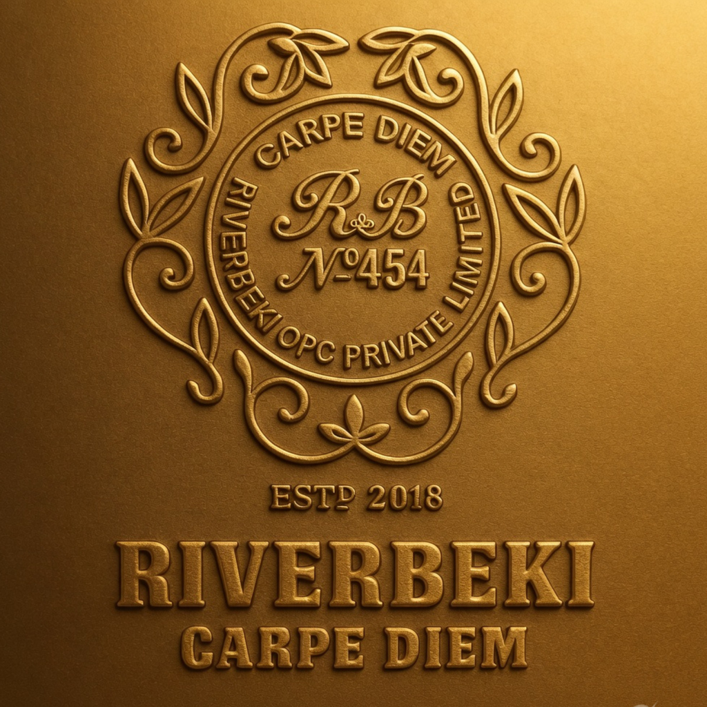 Riverbeki Tea brand emblem – gold embossed Carpe Diem crest, Est. 2018, Riverbeki OPC Private Limited, guaranteeing premium quality Assam tea