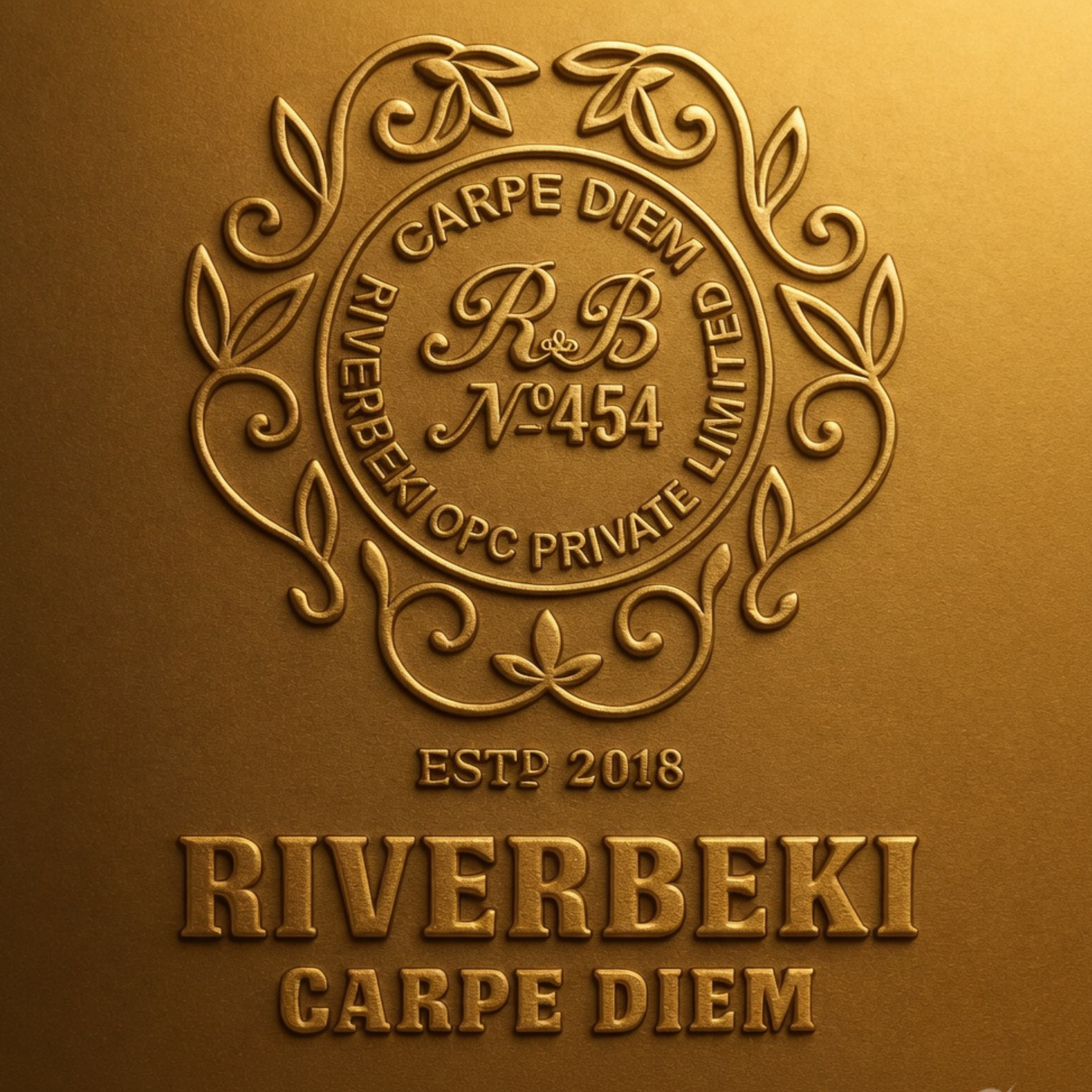 Gold embossed logo and text on a gold background for Riverbeki Carpe Diem Tea.