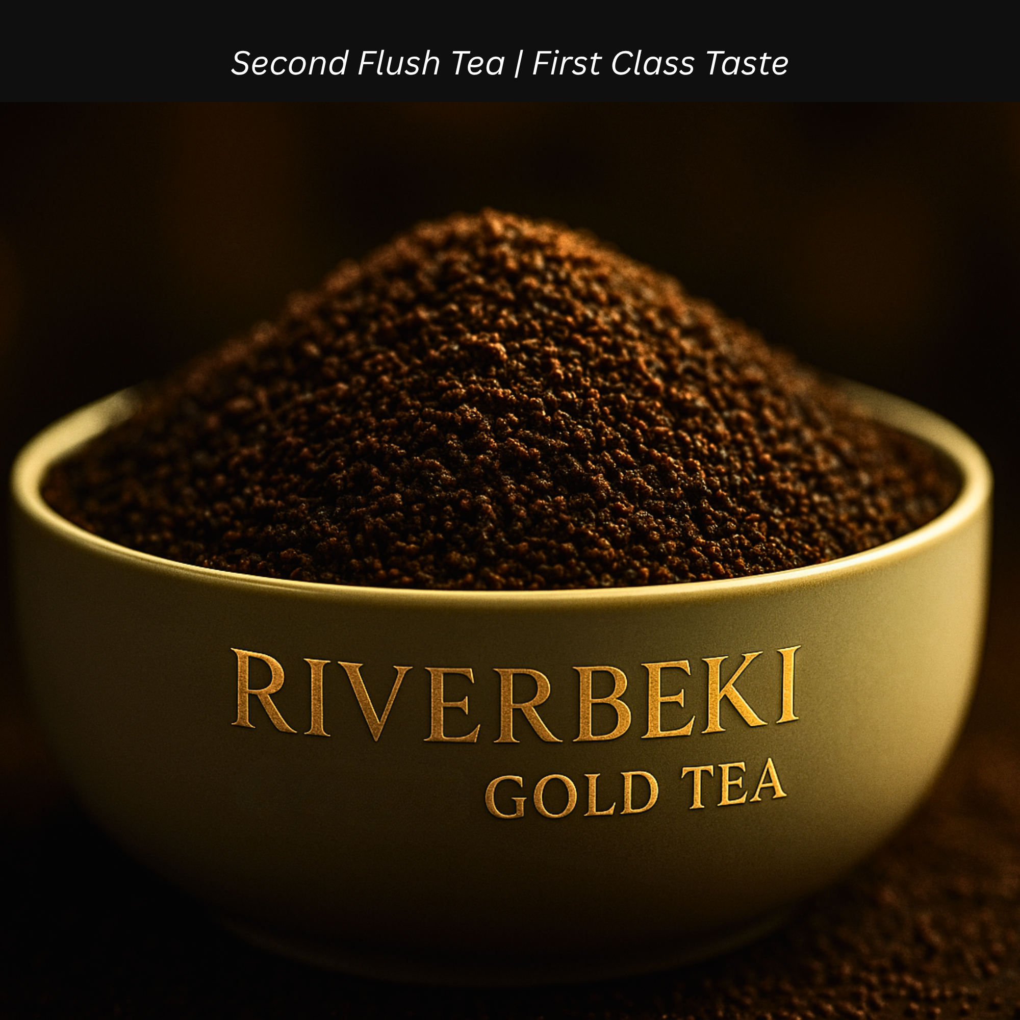 Bowl of Riverbeki Gold CTC Tea with dark brown tea powder on a dark background