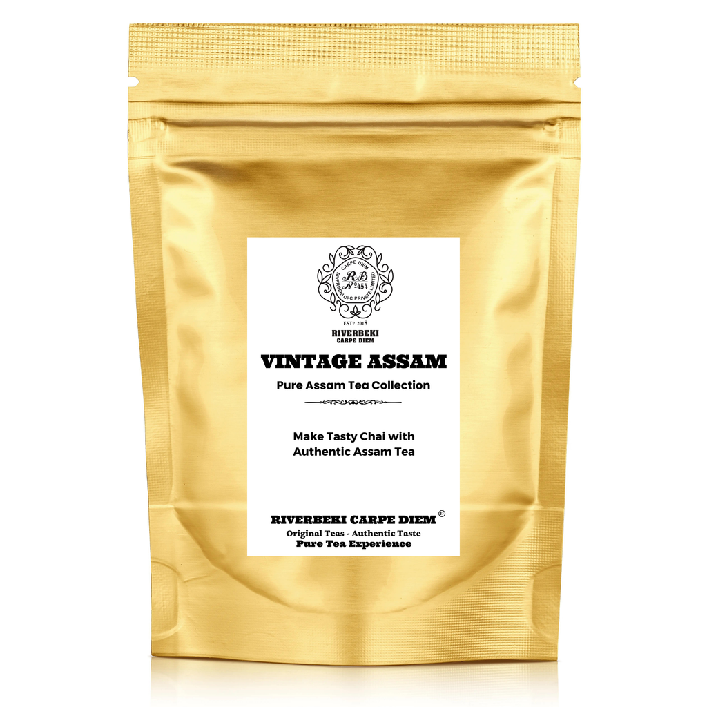 Riverbeki Vintage Assam Pure Assam Tea Collection – Gold resealable pouch for authentic kadak chai, 100% unblended Assam CTC tea, buy Vintage Assam Tea online India