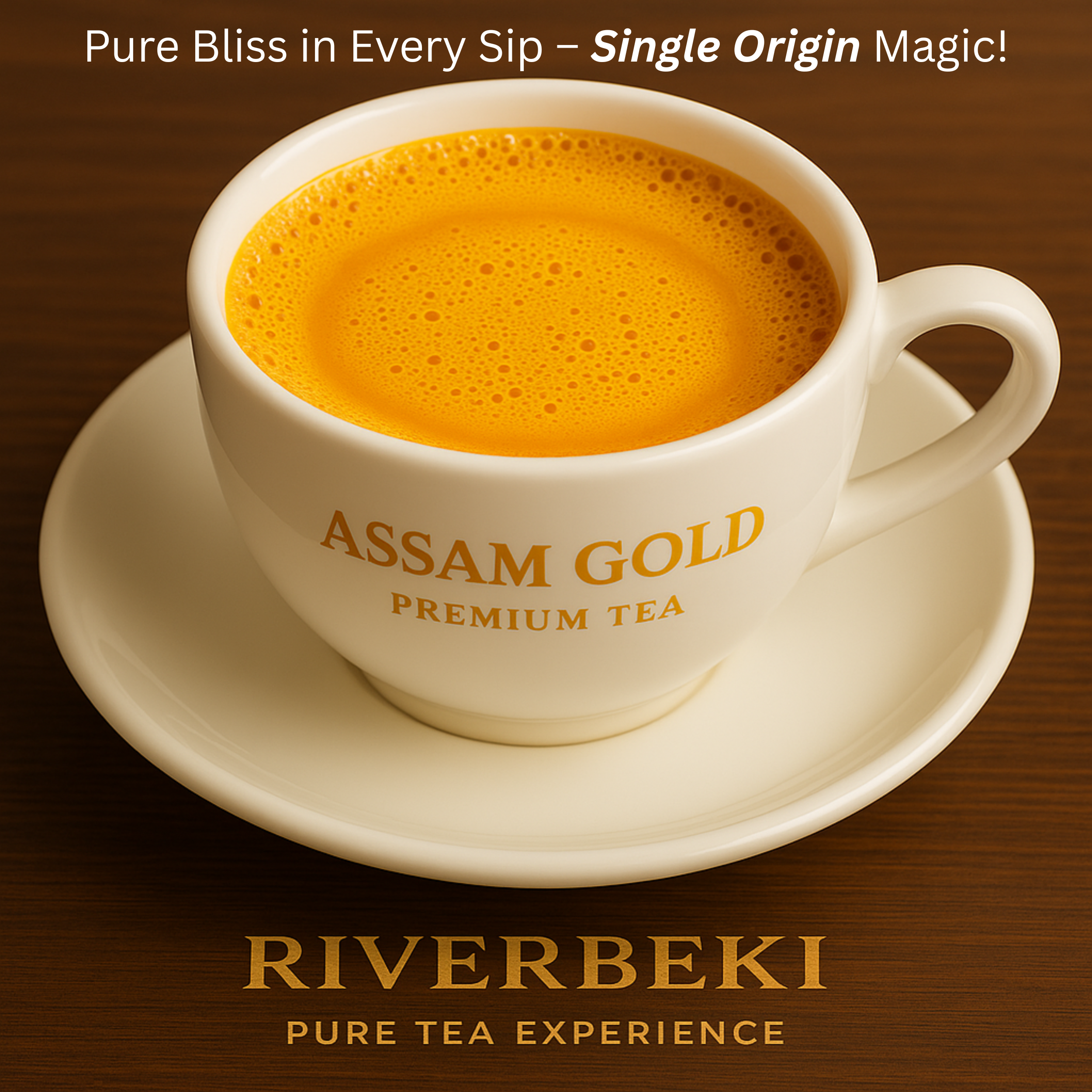 Yummy kadak chai strong tea on display in a branded white ceramic cup with saucer made from Riverbeki Assam Gold Premium Tea