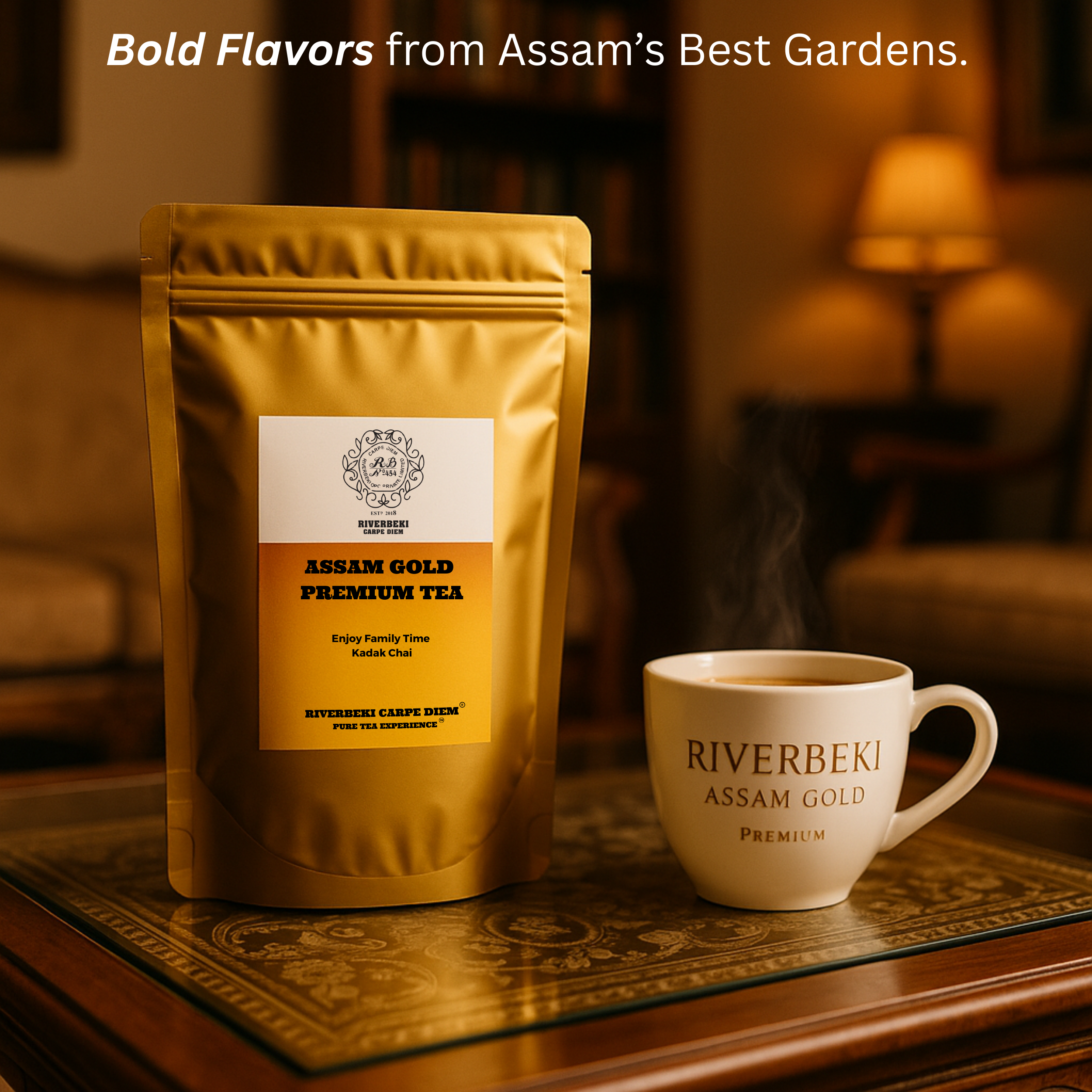 A cup of chai on display in a branded white ceramic teacup made from Riverbeki Assam Gold Premium Tea along with the full view of tea pouch by its side