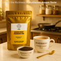 Cozy chai moment in a branded white ceramic cup with saucer made from Riverbeki Assam Gold Premium Tea on display with single origin ctc tea on branded white bowl with Assam Gold Premium Tea pouch 