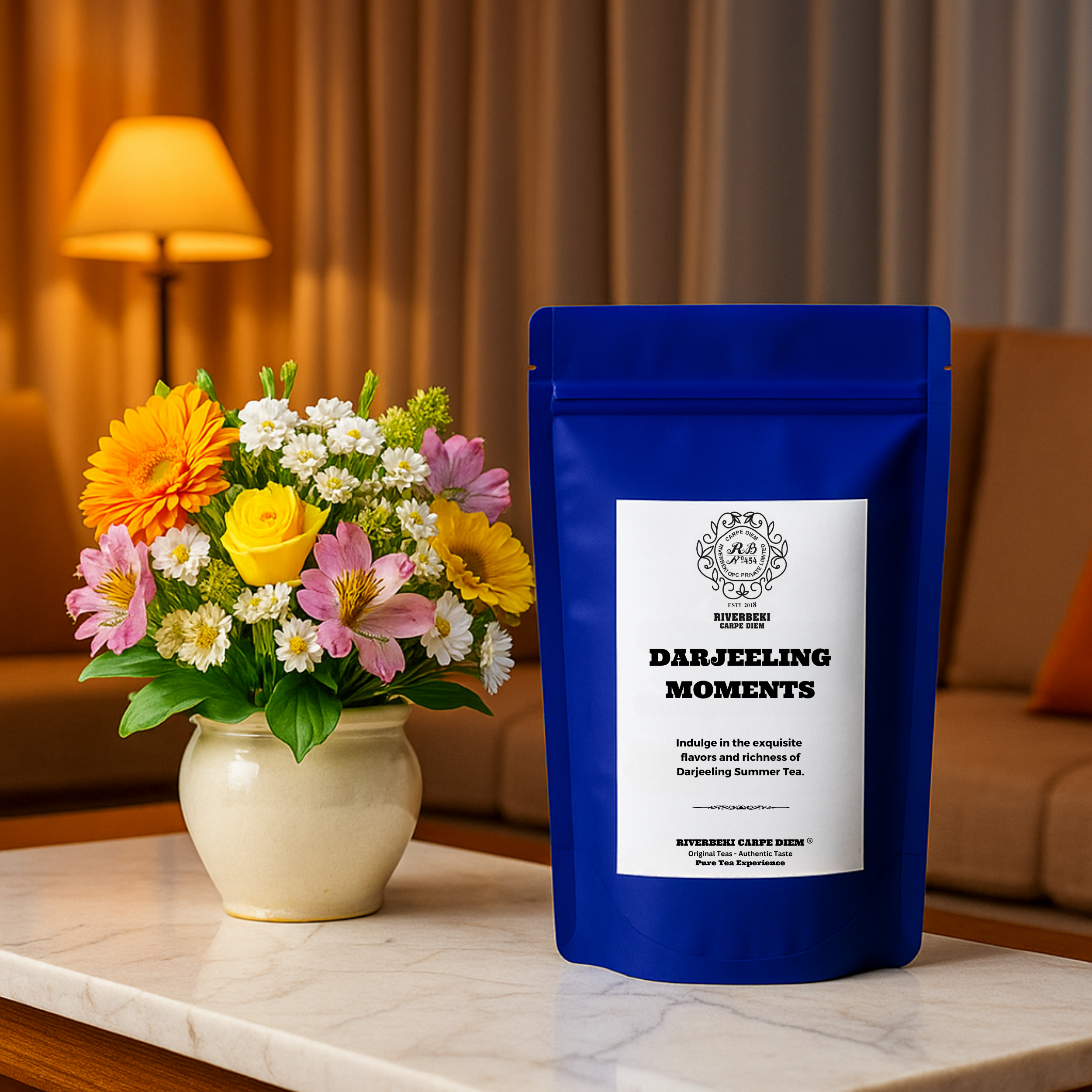 Riverbeki Darjeeling Moments 100gm Single Origin Black Tea Pouch – Lifestyle Shot with Flowers and Warm Ambient Setting