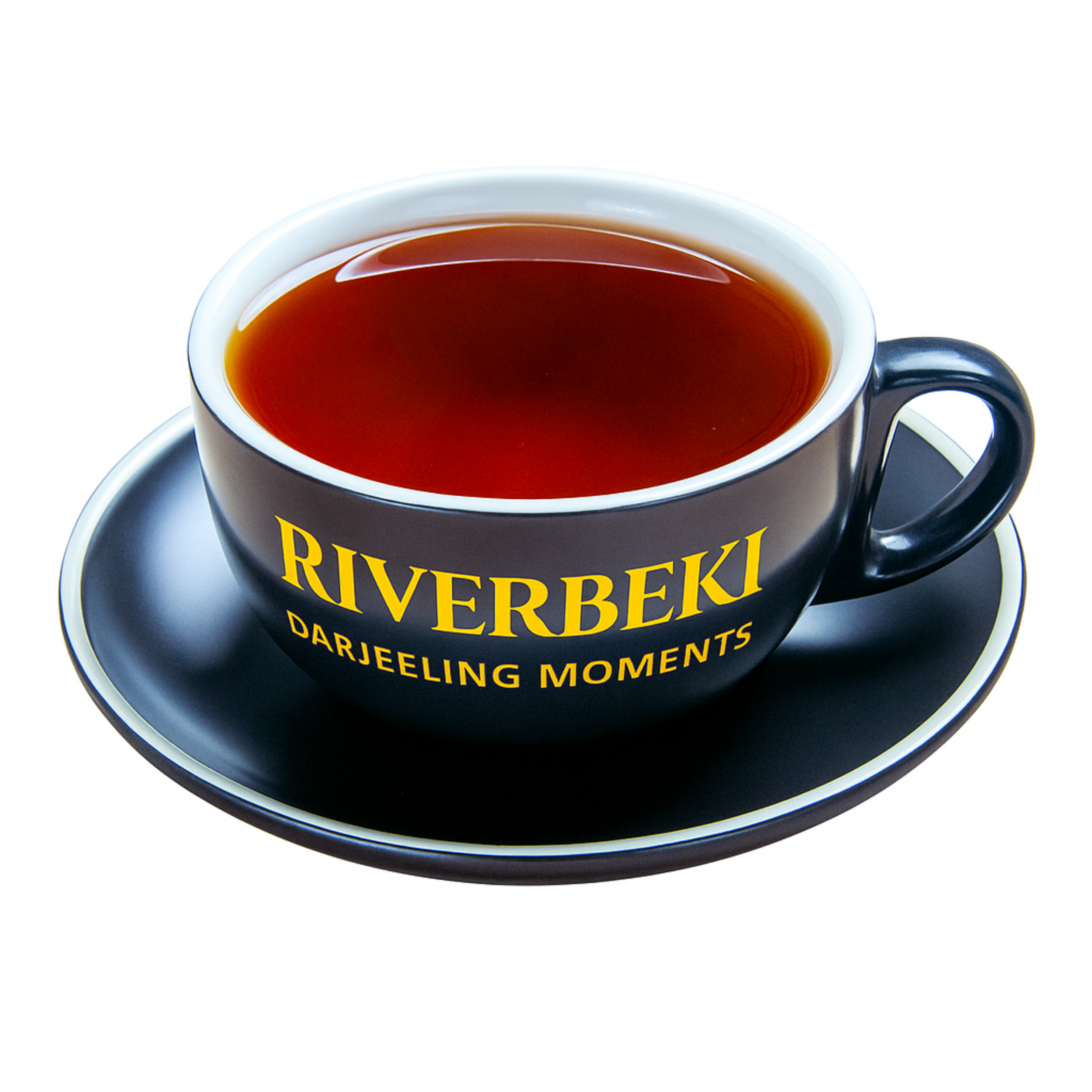 Brewed Riverbeki Darjeeling Black Tea Moments in Branded Cup and Saucer – Rich Dark Second Flush Tea Liquor