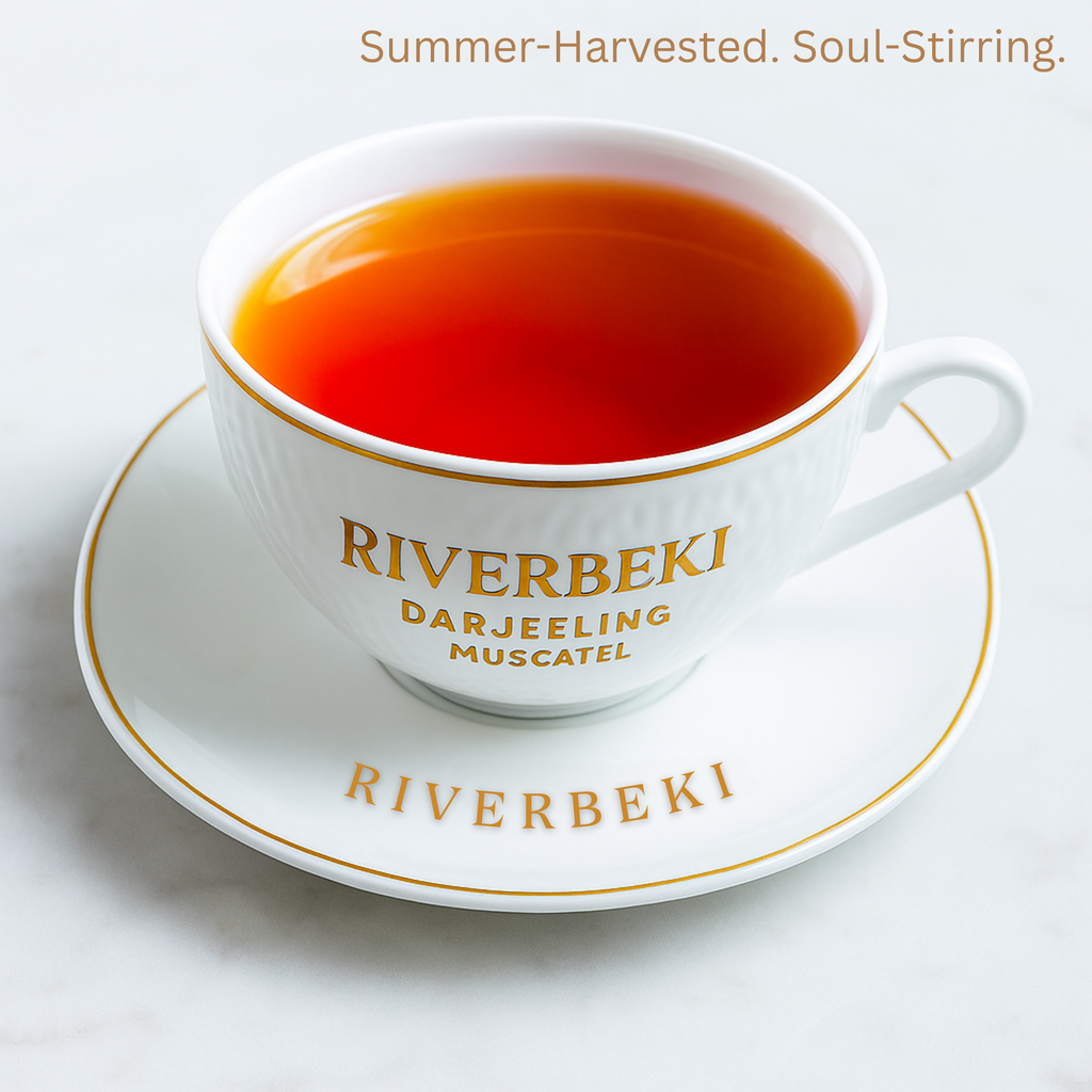 White cup and saucer with 'Riverbeki Darjeeling Tea' branding, filled with red tea on a white background.