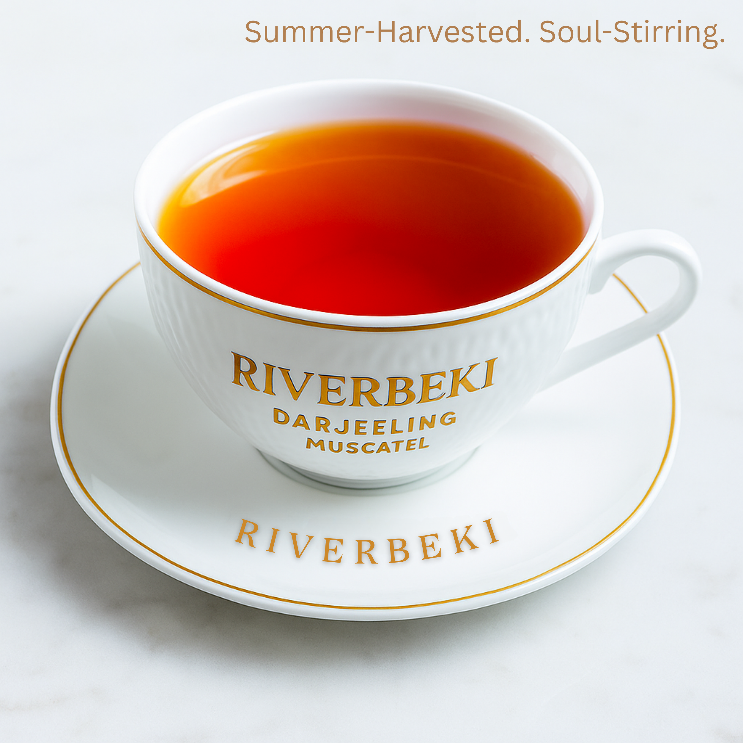 White cup and saucer with 'Riverbeki Darjeeling Tea' branding, filled with red tea on a white background.