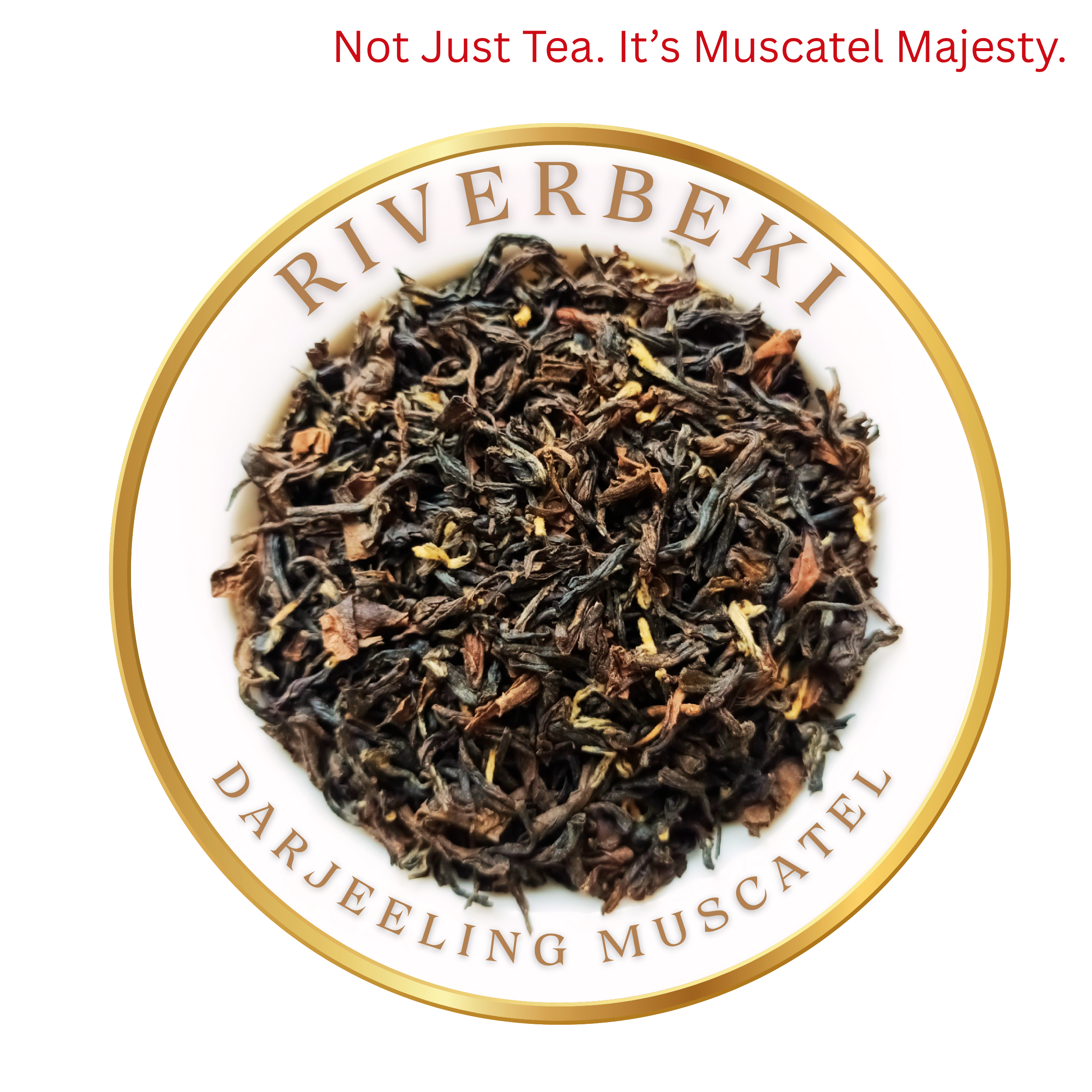 Darjeeling Muscatel tea leaves on a white plate with 'Riverbeki' branding.