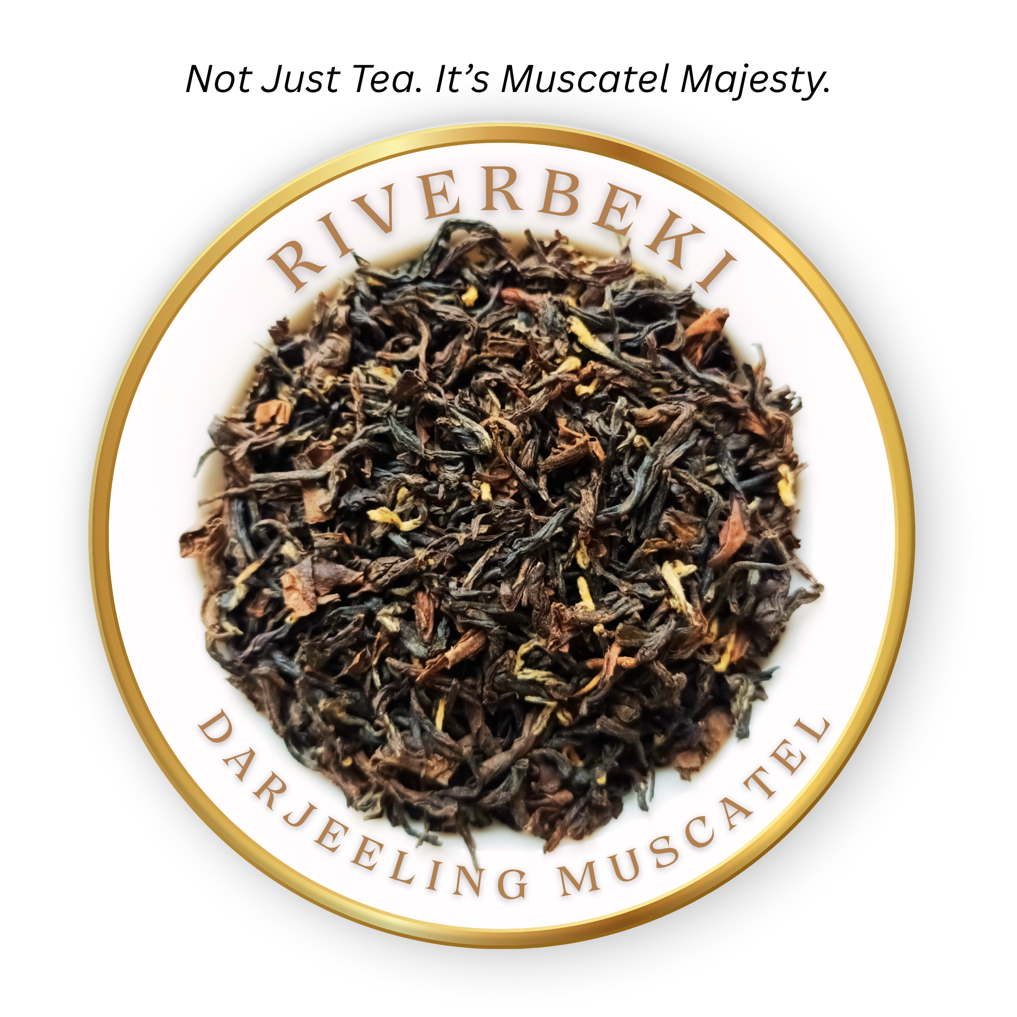 Darjeeling Muscatel tea leaves on a plate with 'Riverbeki' branding.