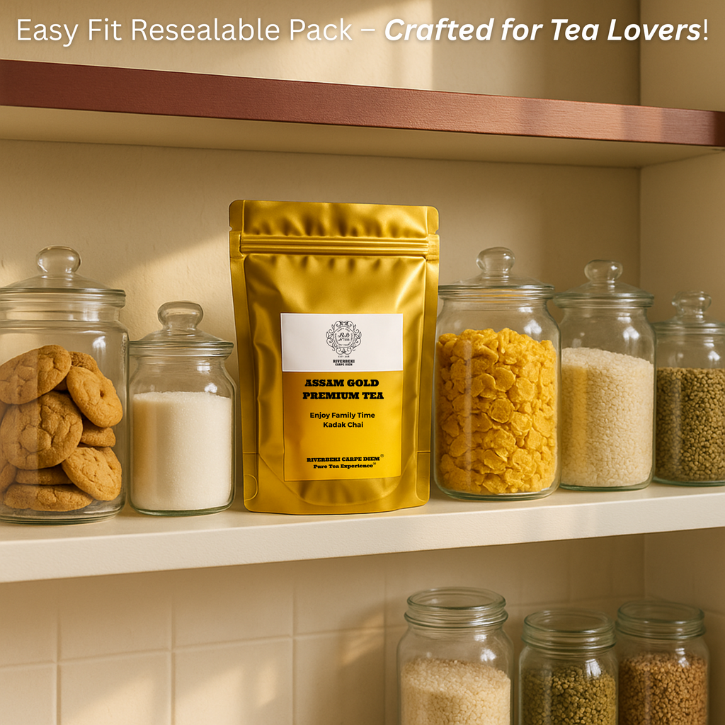 Resealble Riverbeki Assam Gold Premium Tea pouch in kitchen shelf displaying easy fit and hassle-free storage