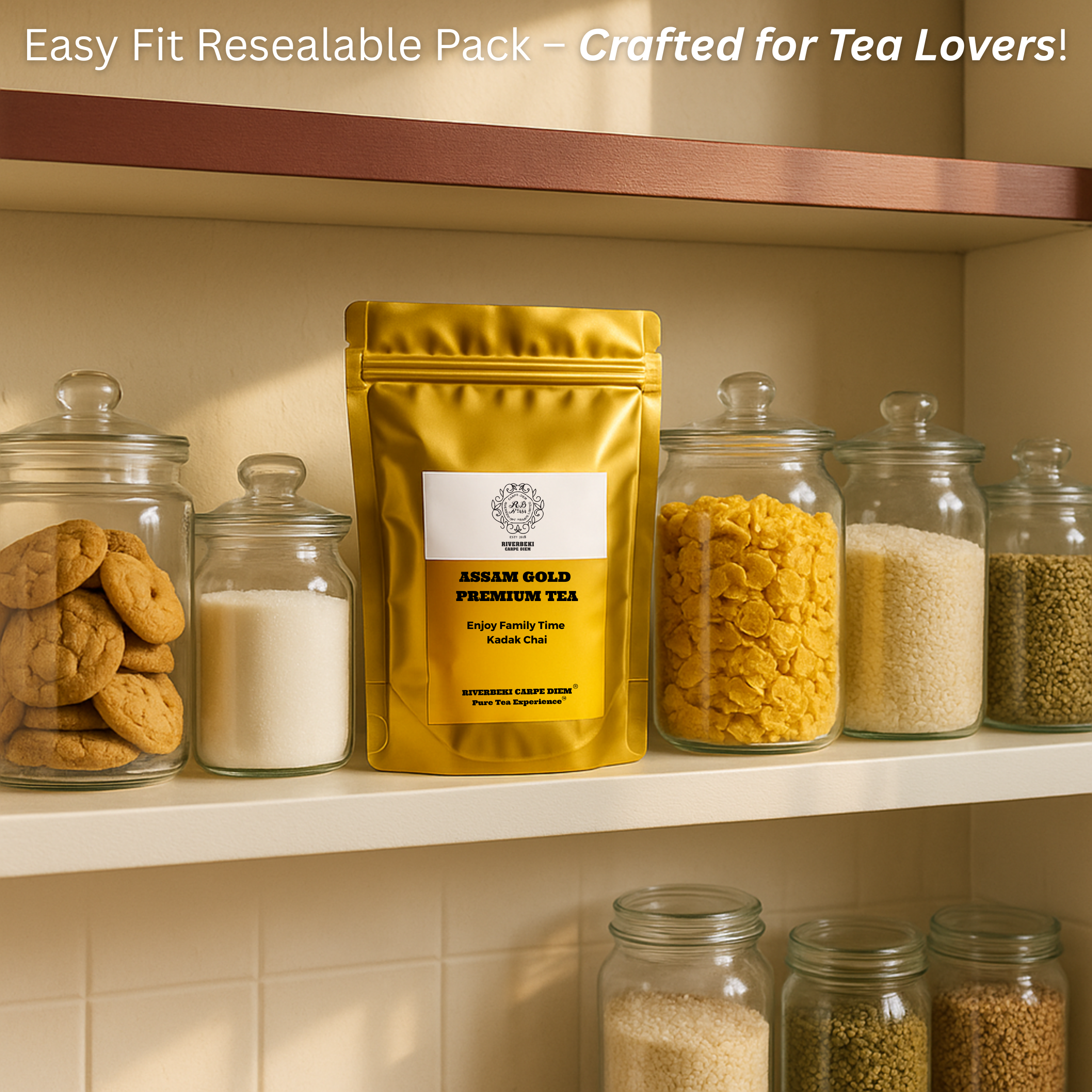 Resealble Riverbeki Assam Gold Premium Tea pouch in kitchen shelf displaying easy fit and hassle-free storage