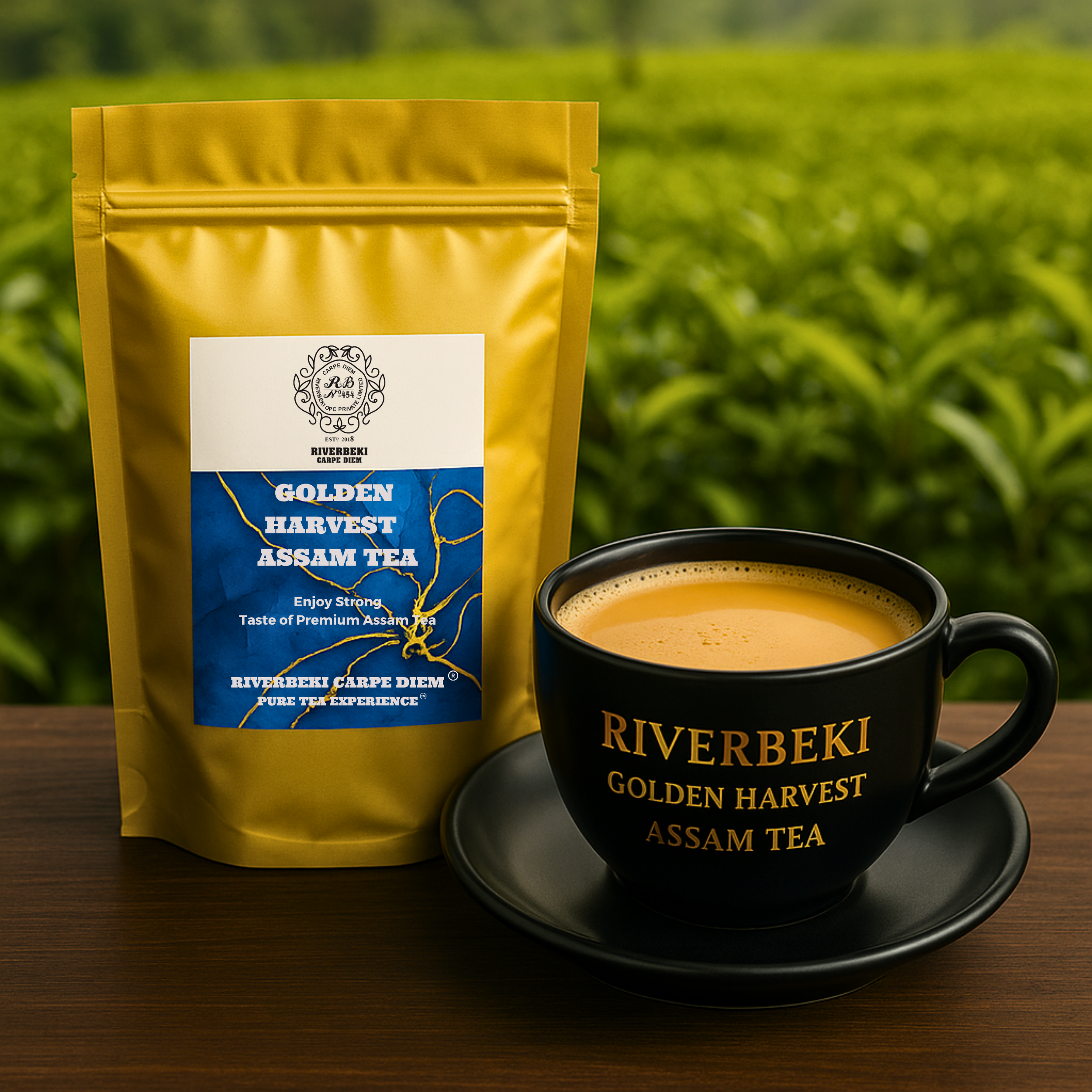 Golden tea packet with branded black cup with saucer featuring Riverbeki Golden Harvest Assam Tea against a tea gerden background.