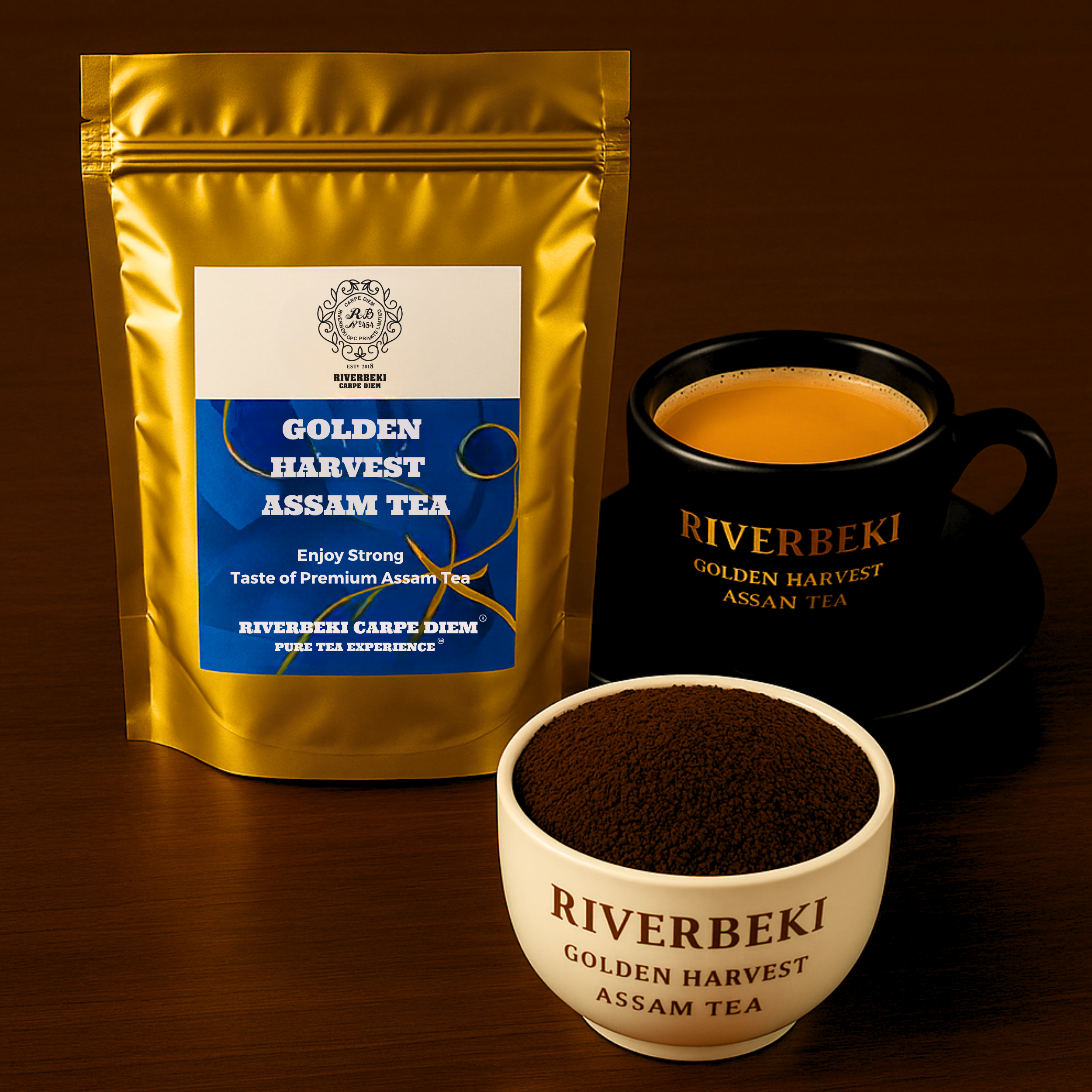 Riverbeki Golden Harvest Assam Tea packaging with a cup and bowl of tea on a dark background