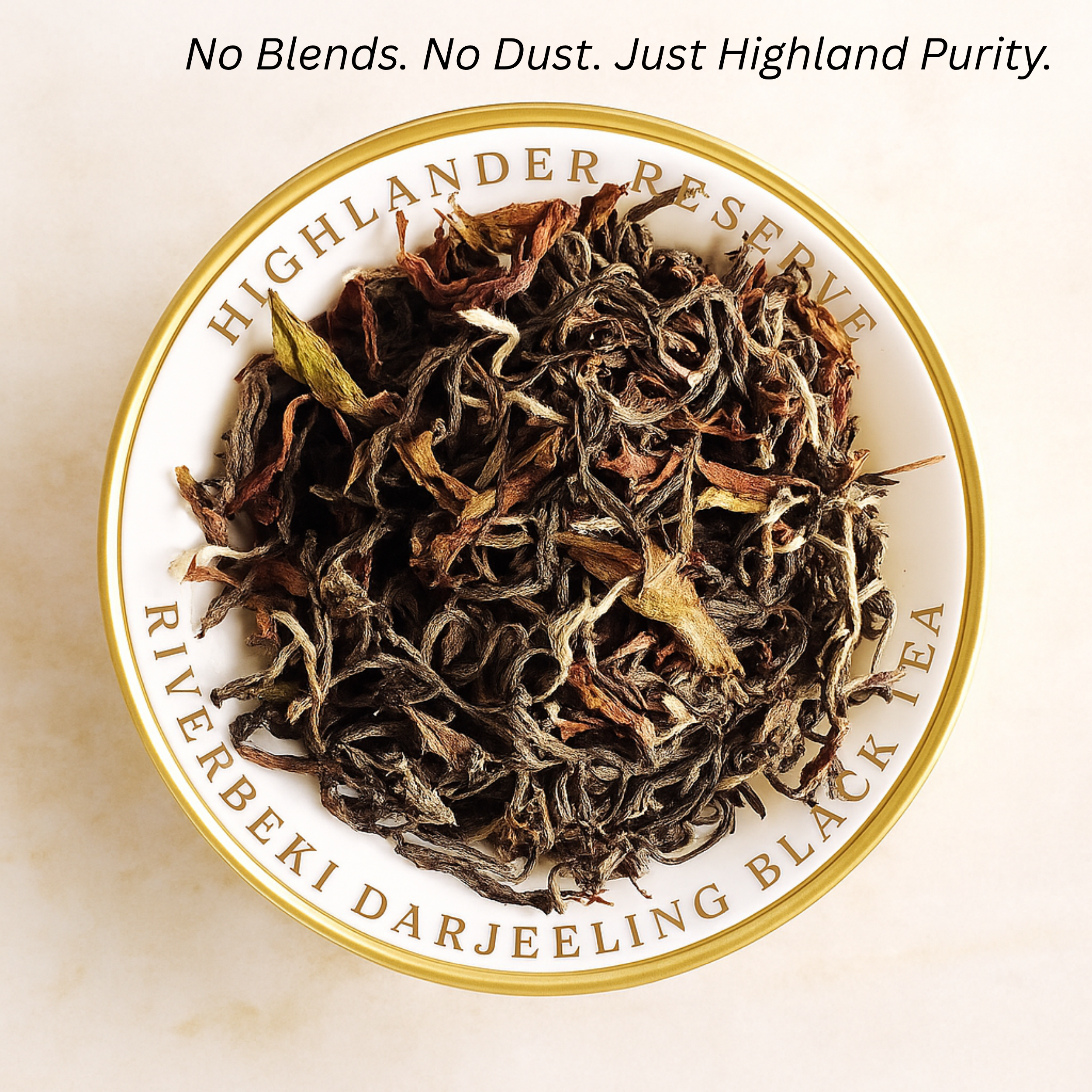 Darjeeling black tea whole leaves in a bowl with 'Highlander Reserve' branding on a beige background from Riverbeki.