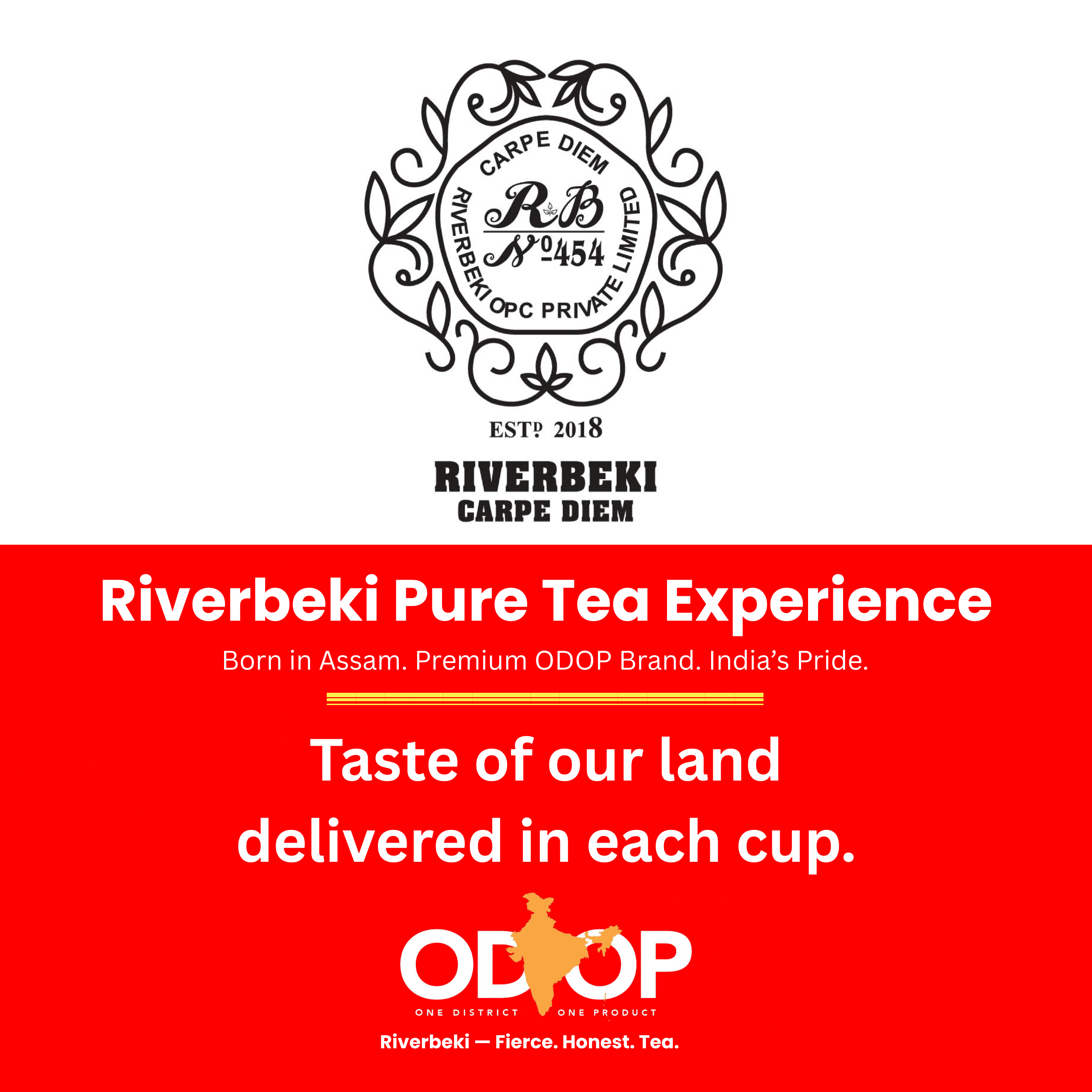 Riverbeki Brand Logo - Premium Single Origin Indian Tea certified by ODOP - One district, One Product - A Govt of India Initiatives for promotion of authentic regional products at Global Scale