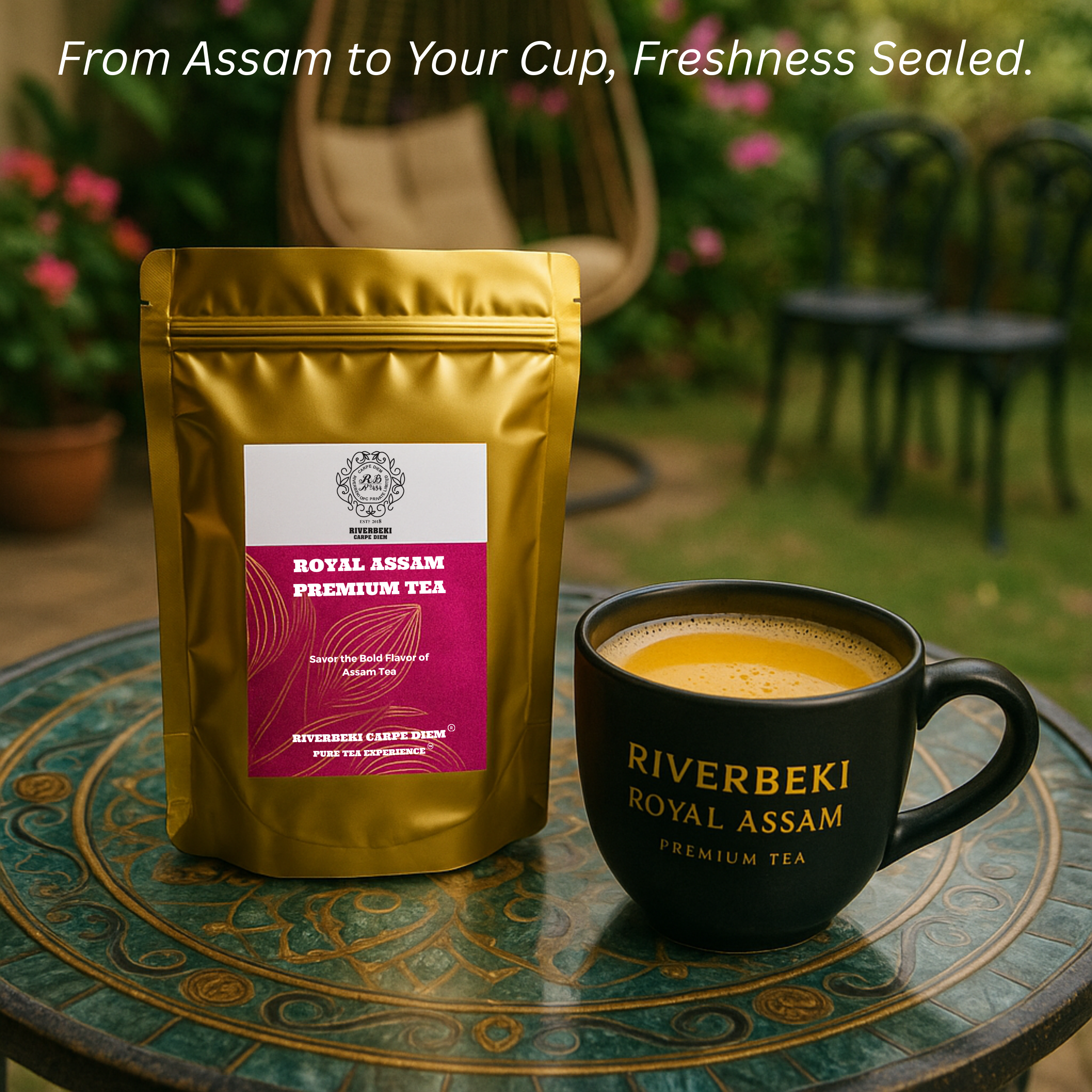 Relaxing daily chai time ritual with Riverbeki Royal Assam Premium Tea in home garden