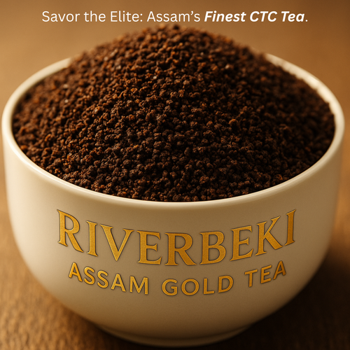 Riverbeki Assam Gold Premium CTC Tea display on a white ceramic branded tea bowl - closeup photo