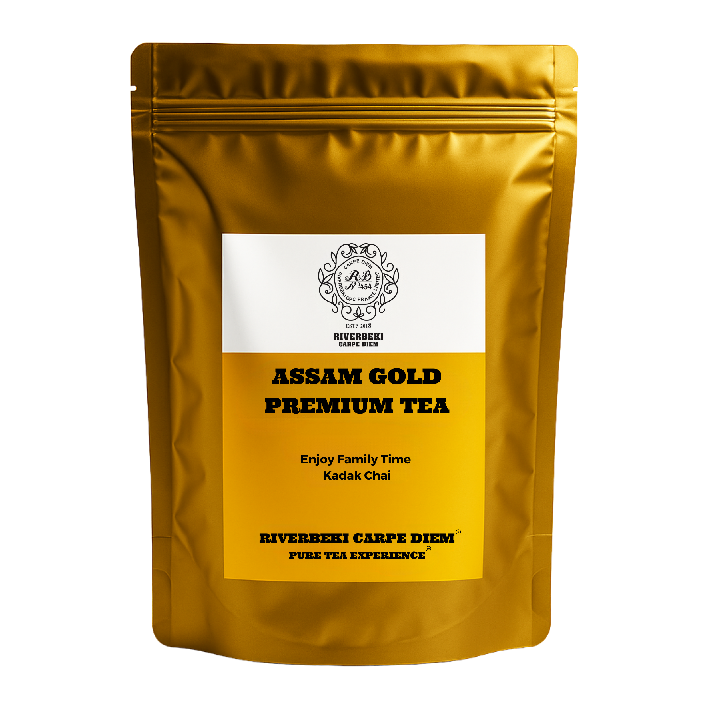 Riverbeki Assam Gold Premium CTC tea pouch on display