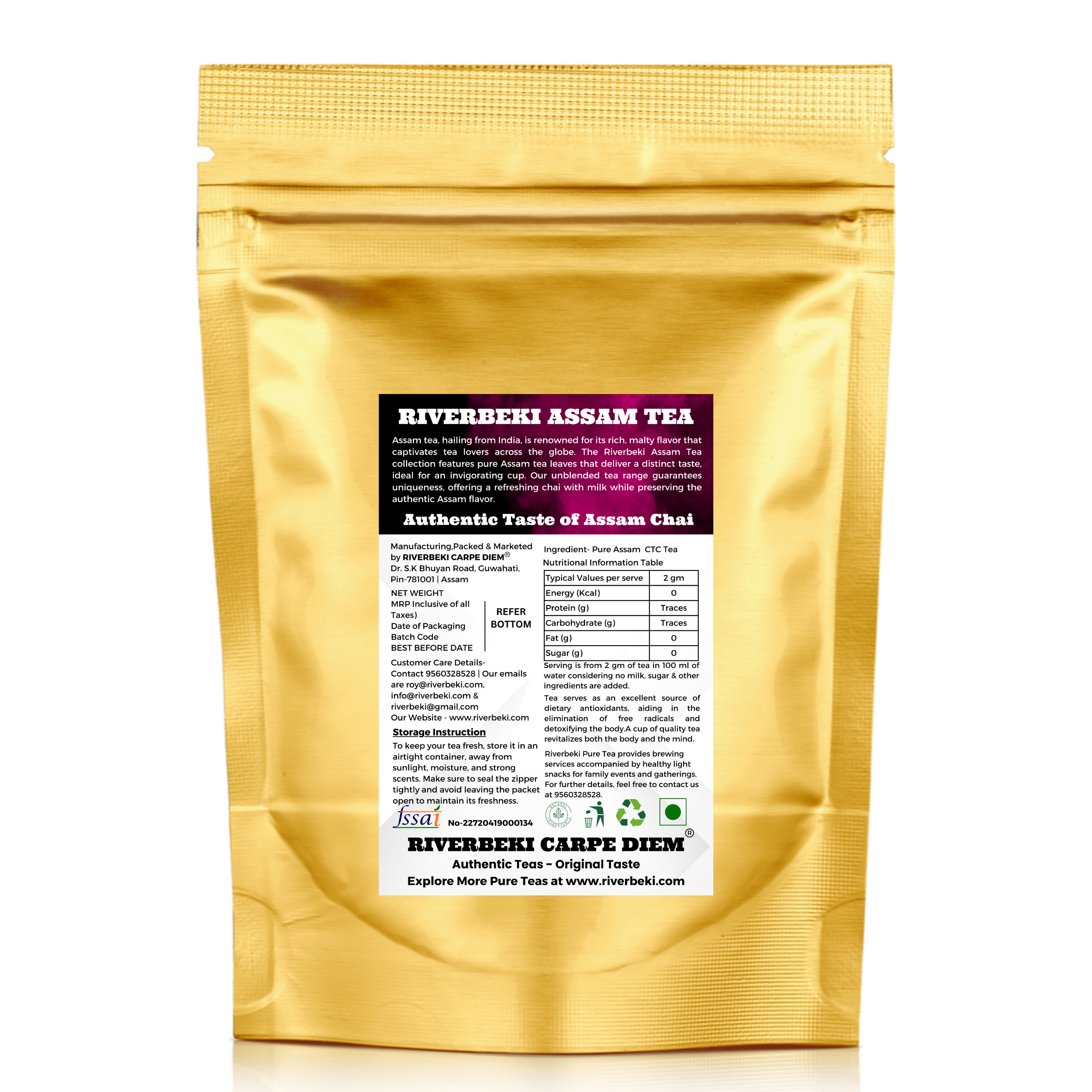 Back of Riverbeki Classic Assam Premium CTC Tea 1 kg gold pouch showing product label, nutritional information and brewing instructions